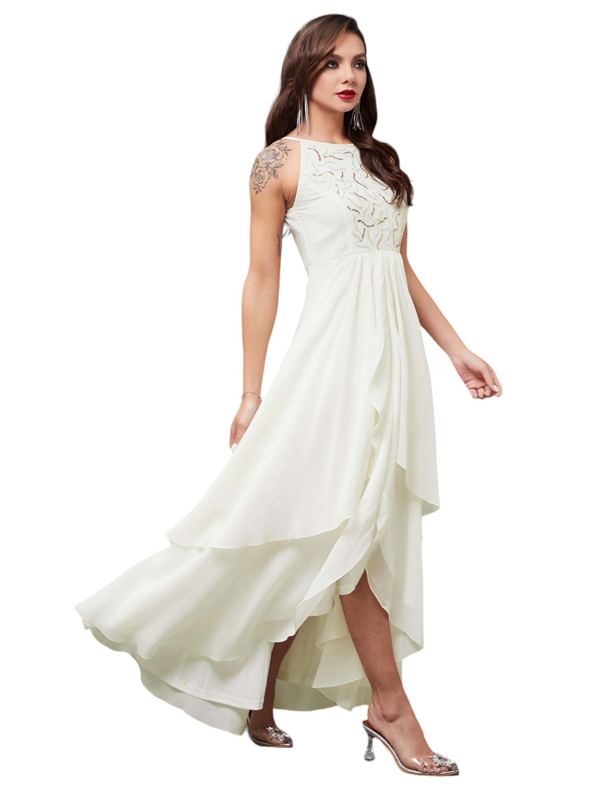 Miss Chase Women's Round Neck Sleeveless Solid Embellished Maxi Dress With Pockets (Mcss24D97-19-114-03, Off White, S)