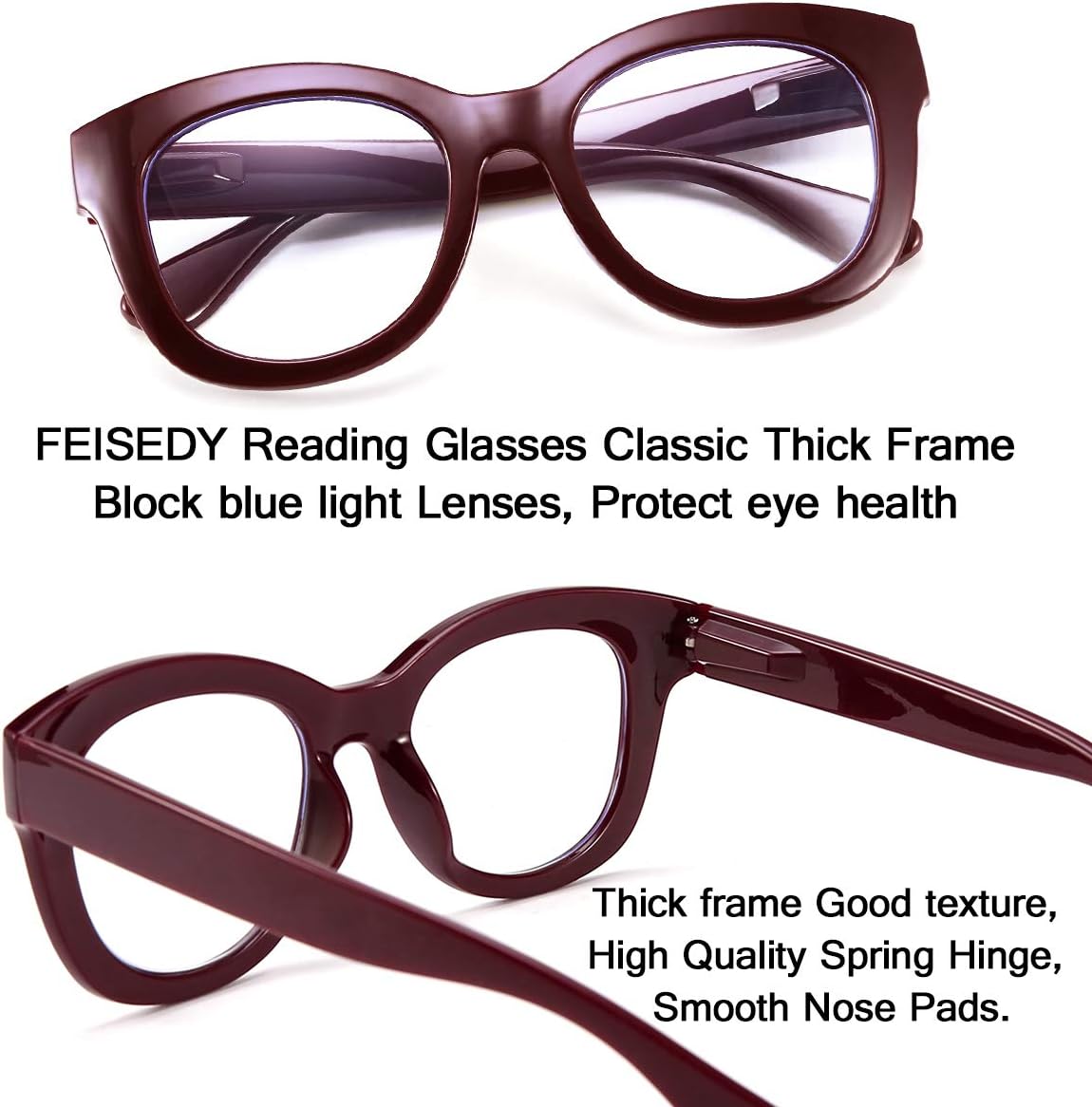 FEISEDY Retro Reading Glasses Thick Square Big Frame Blue Light Blocking Lens Anti Glare Digital Eyestrain B2534