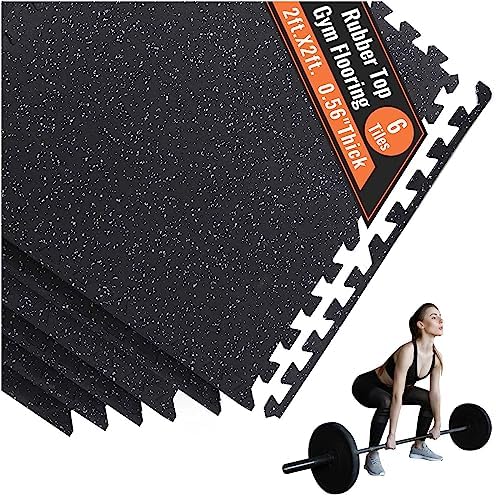 66FIT 0.56 Inch Rubber Top Thick Gym Flooring For Home Gym 6-PCS, 24 Sq Ft EVA Foam Mats with Rubber Top, High Density Protective Flooring Exercise Gym Mats, Interlocking Rubber Exercise Equipment Mats