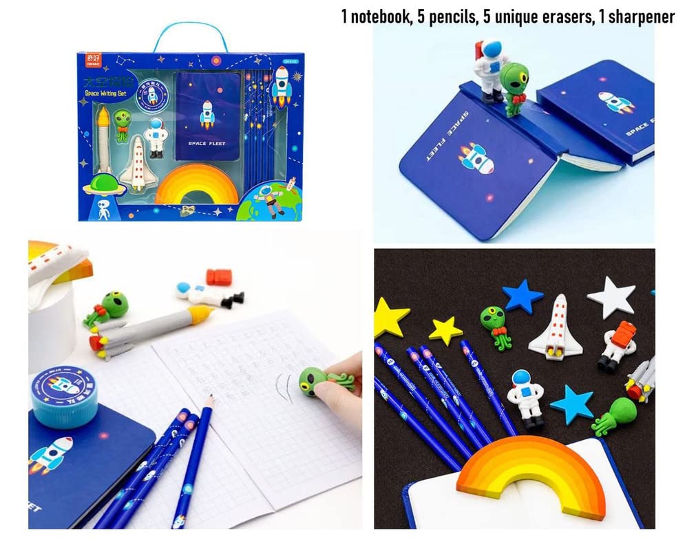 Image of Crackles Space Theme Design Stationery Writing Set for Kids (5 Pencils, 5 Different Shapes Erasers, 1 Notebook, 1 Sharpener)