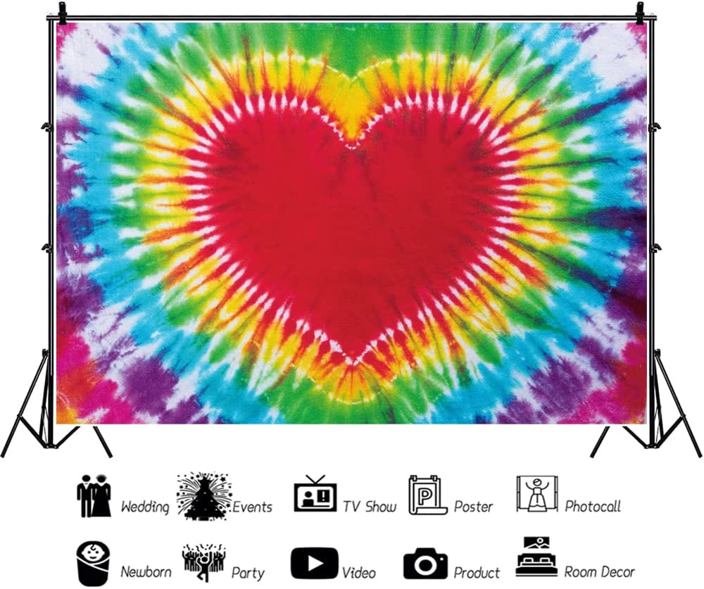 Renaiss 7x5ft Colorful Tie Dye Backdrop Rainbow Heart Love Wins LGBT Photography Background Psychedelic Tie Dye Theme Birthday Party Decor 60s 70s Hippie Groovy Peace Love Banner Photo Booth Props