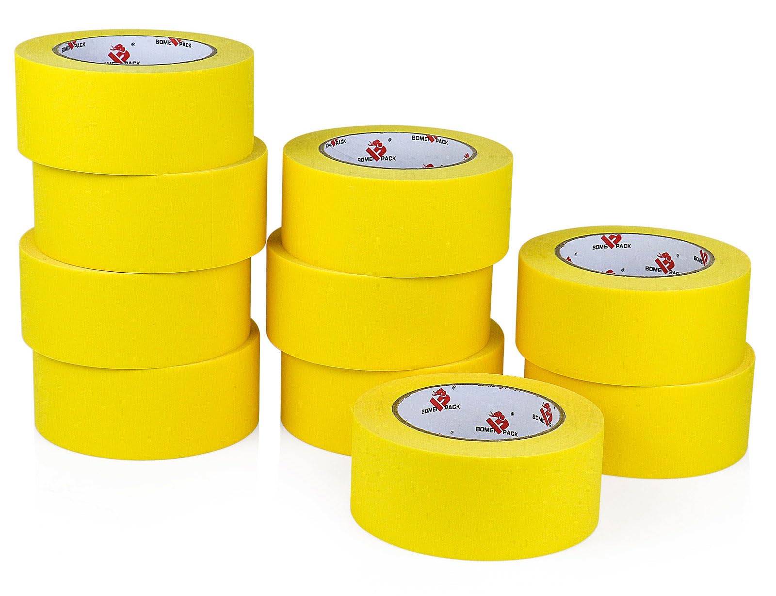 BOMEI PACK 10 rotoli di nastro adesivo per pittori da 5,1 cm, 5 cm x 50 m, per pittura murale per uso generico, miglioramento della casa (giallo)