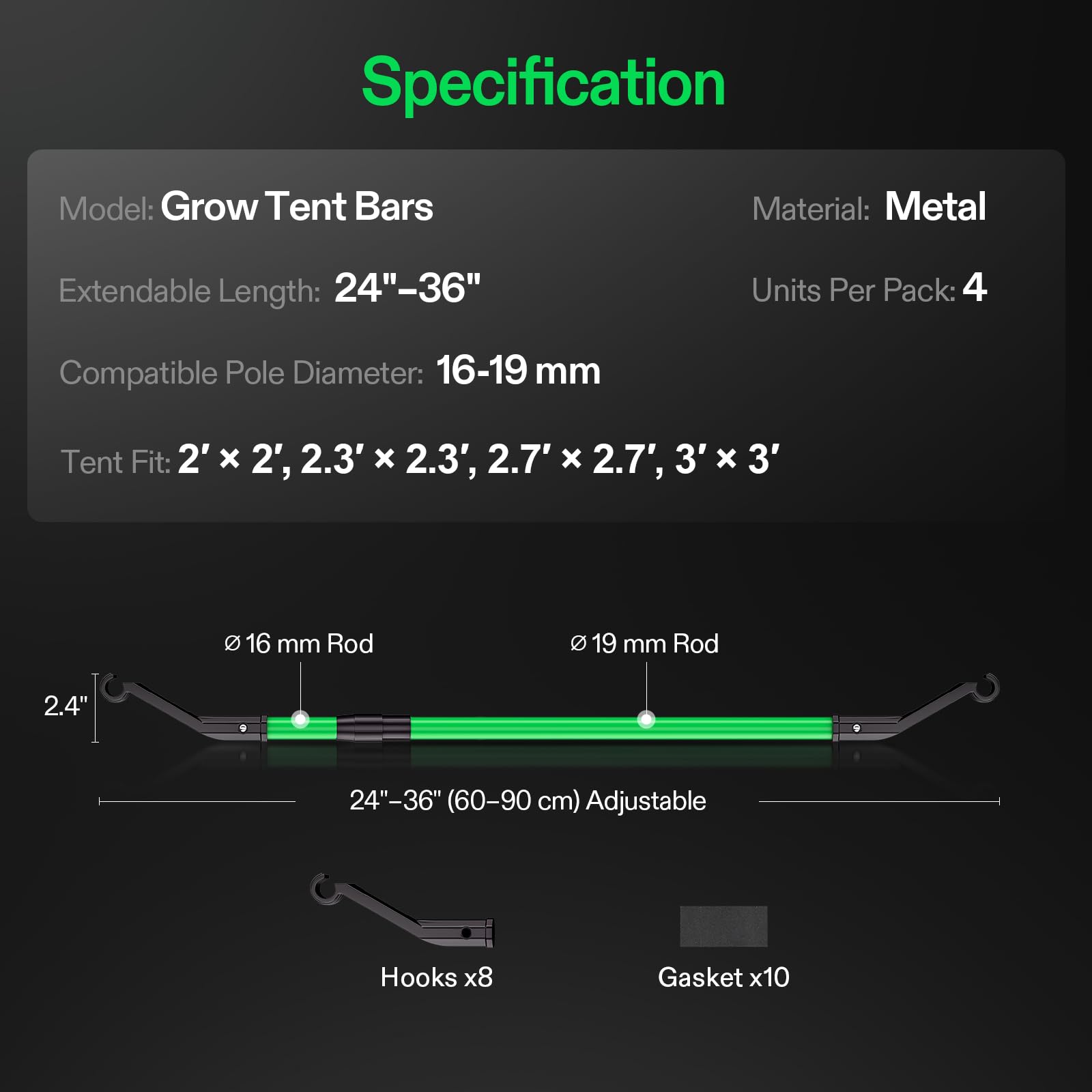 VIVOSUN Grow Tent High CFM, gamma di pali verdi da 61 a 91,4 cm, adatta per tende da coltivazione da 61 x 6 cm, 3 x 3 cm, 2,7 x 2,7 cm, confezione da 4 (tipo B)