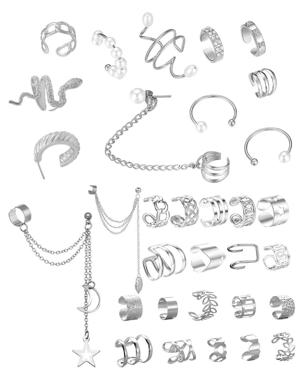 UYRVAPE 32 piezas Ear Cuff Pendientes Oreja Sin Agujero para Mujere Ajustables Clip Falsos Hipoalergénicos Falsos Oreja Helix Puños de Cartílago Pendientes Plata