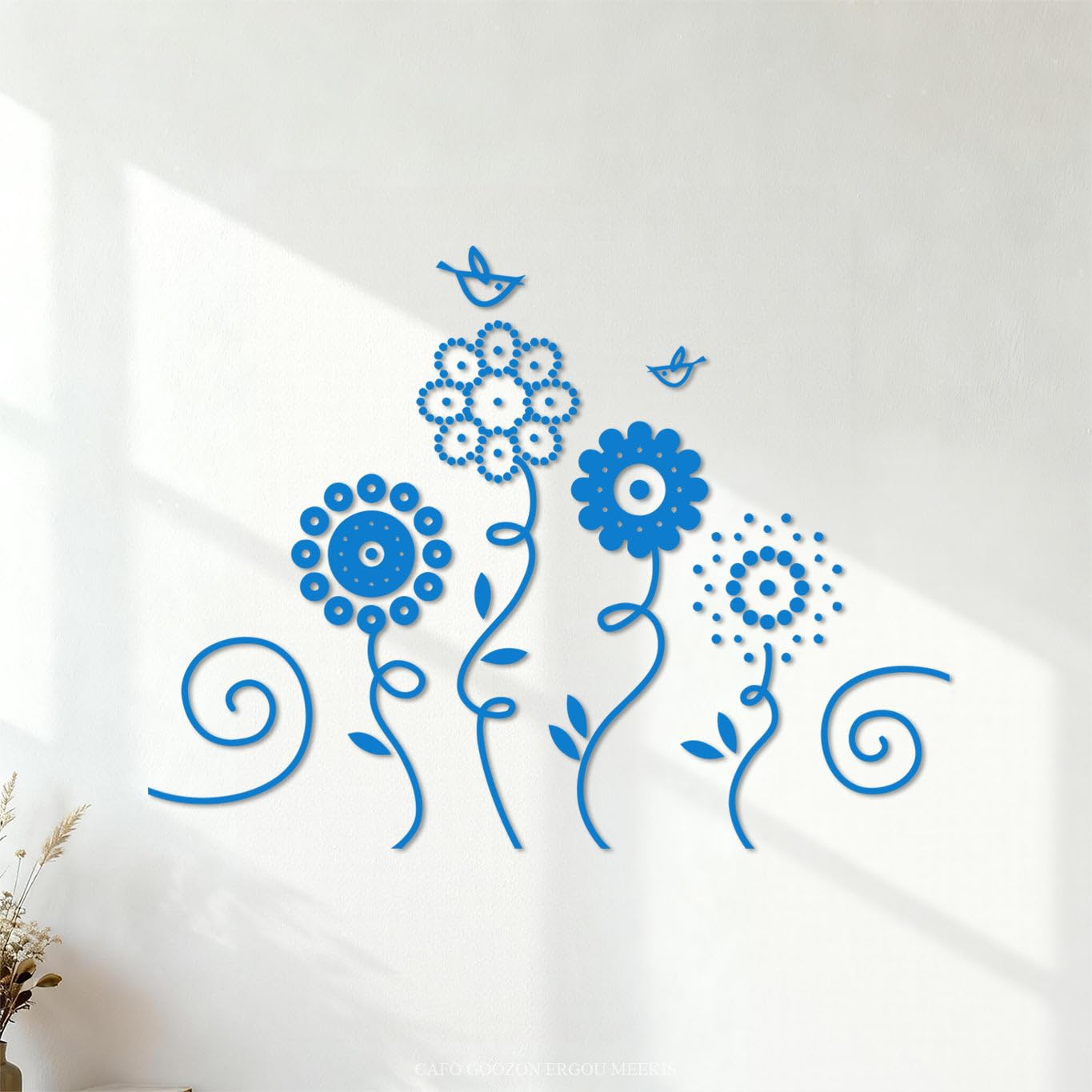 Flowers Garden Birds Natural Nursery Engraving Stickers 68x90.4cm Window Decals Blue