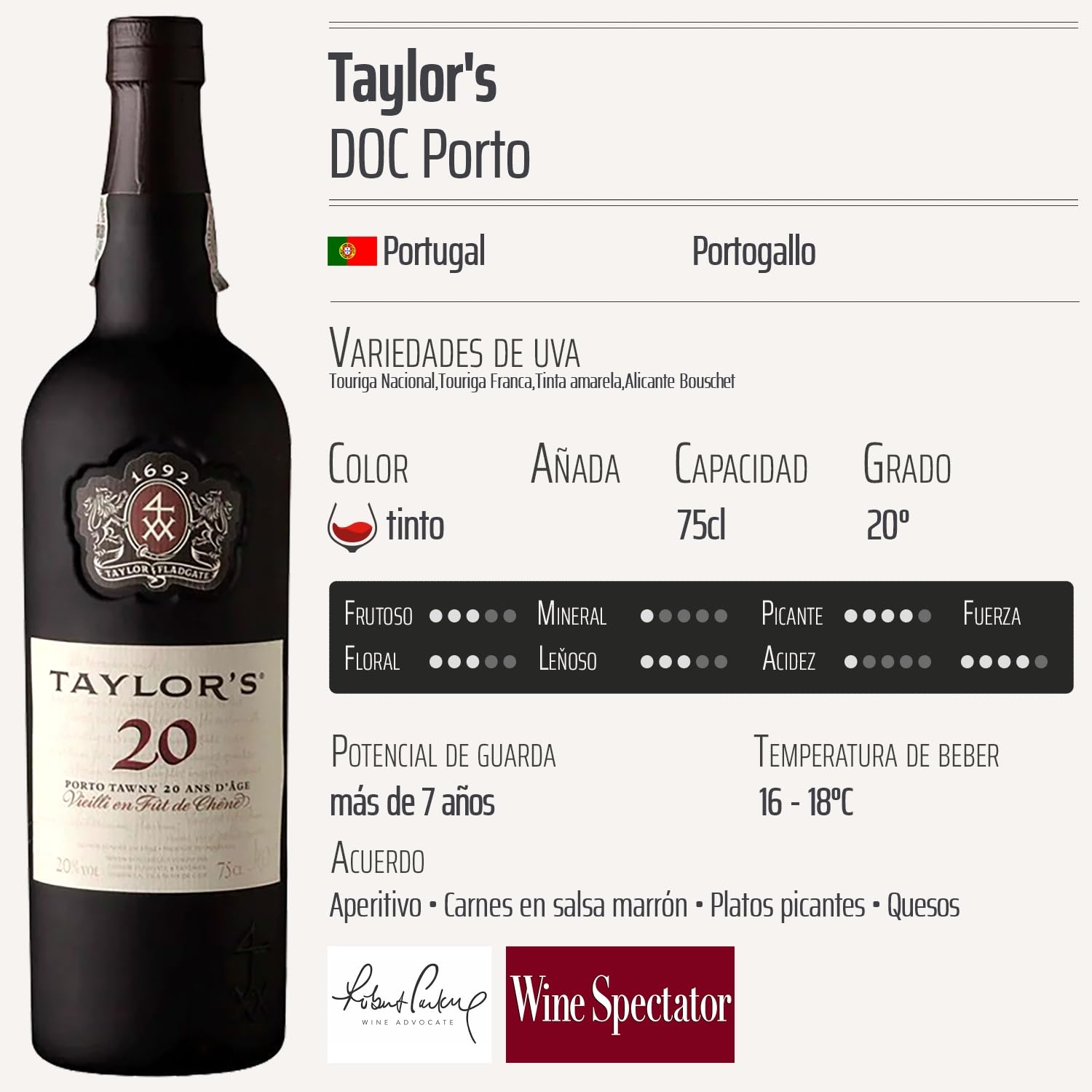 Porto Tawny 20 ans tinto - Taylor's - DOC - Portugal - Variedades de uva Touriga Nacional,Touriga Franca,Tinta amarela - 75cl - 93/100 Robert Parker