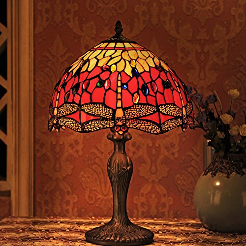 Gweat Tiffany 12 Pouces Vintage Style Européenne Vitrail Dragonfly Et Perle Chaud Coloré Série Lampe De Lampe De Tablee De Bureau Lampe De Chevet