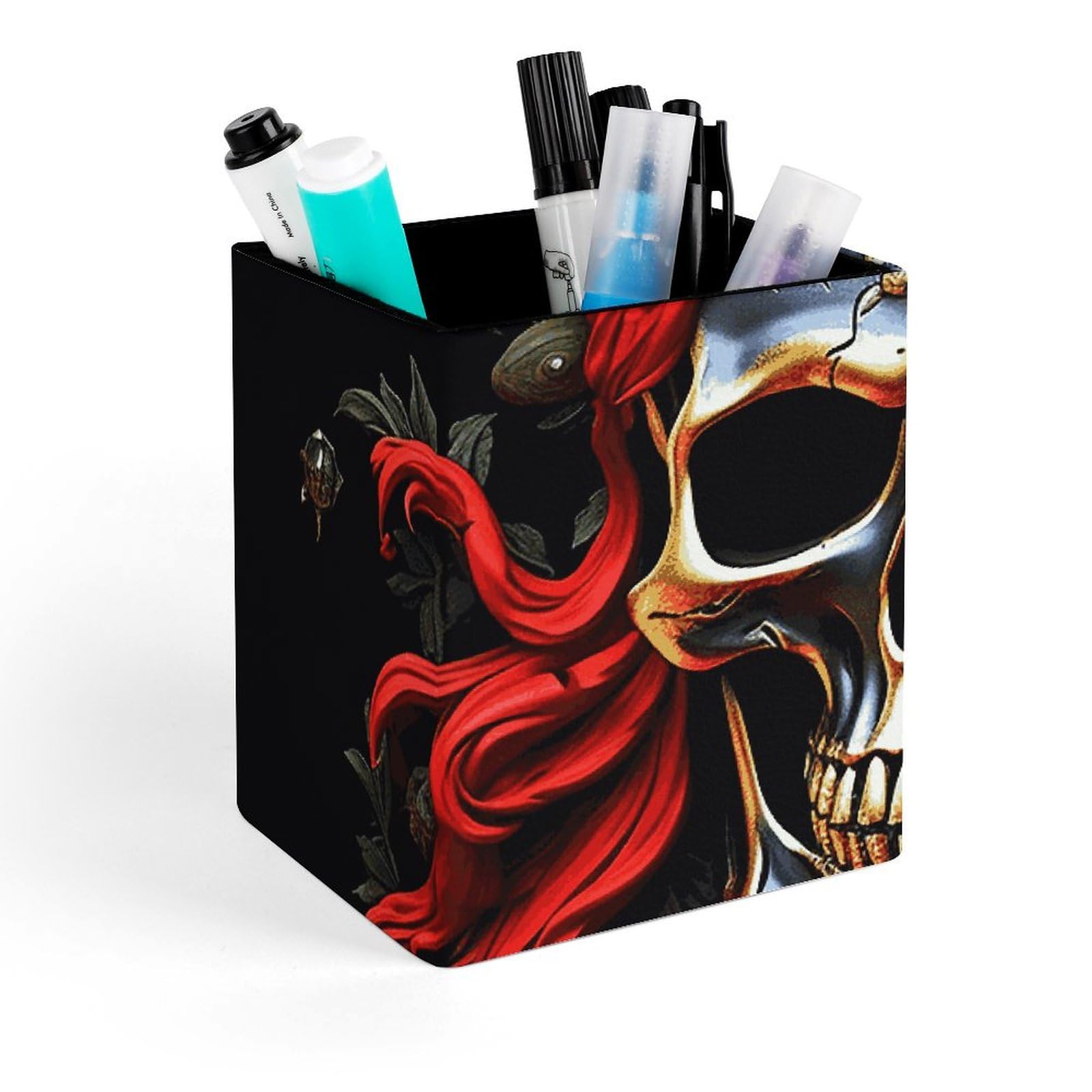 Porte-stylo carré en cuir imprimé tête de mort pirate pour rangement bureau
