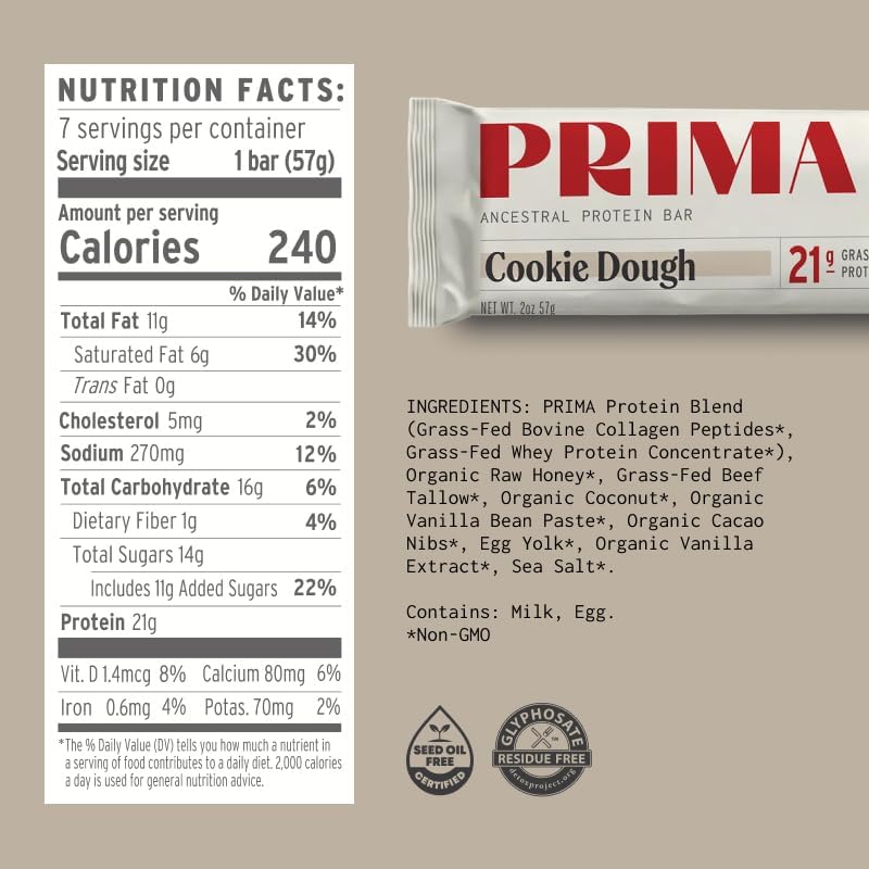 PRIMA Cookie Dough Protein Bar | 21g Grass Fed Whey and Collagen | No Seed Oils, No Preservatives, Raw Honey Sweetened | 7 Pack