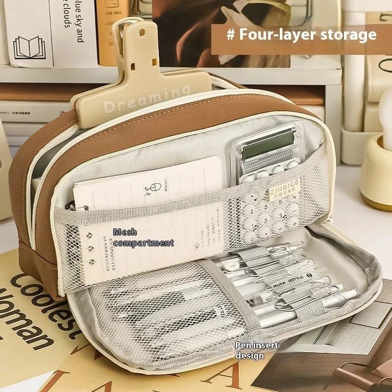 Image of OSDUE Kawaii Cute Aesthetic Pencil Case 3 Layer 6 Compartment Large Capacity for Students | Pencil Pouch with Zipper | Cartoon Stationery Organizer Bag for Kids, Pencil Case for Girls & Boys (Brown)