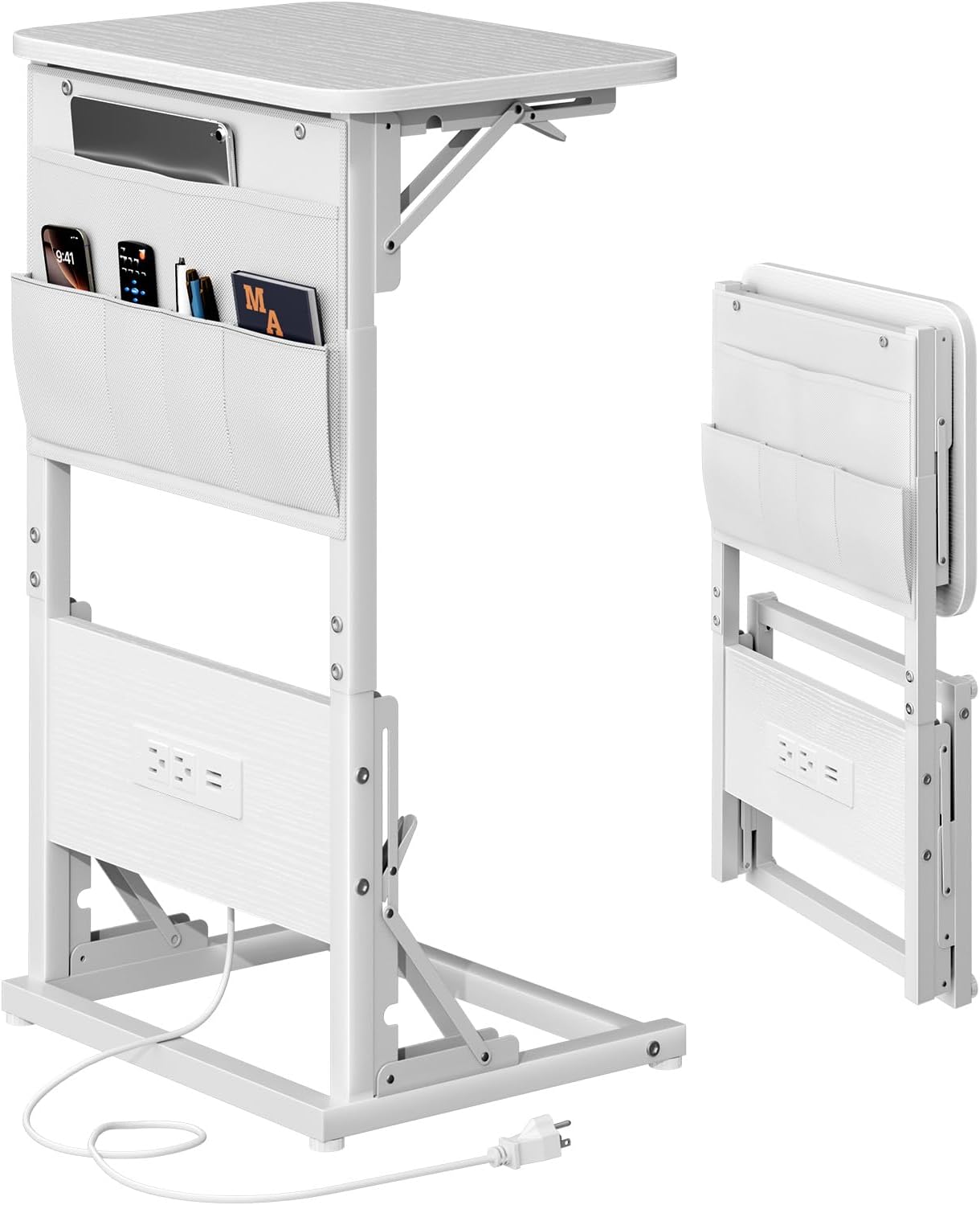 HLDIRECT C Shaped End Table with Charging Station, Couch Side Table with Storage Bag, Height-Adjustable and Foldable TV Tray with 2 USB Ports and Outlets for Living Room, Bedroom, White