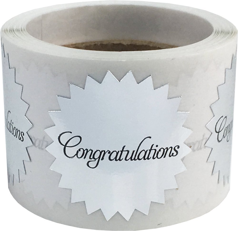 Congratulations Stickers Metallic Silver Seals 1 Inch 100 Adhesive Labels