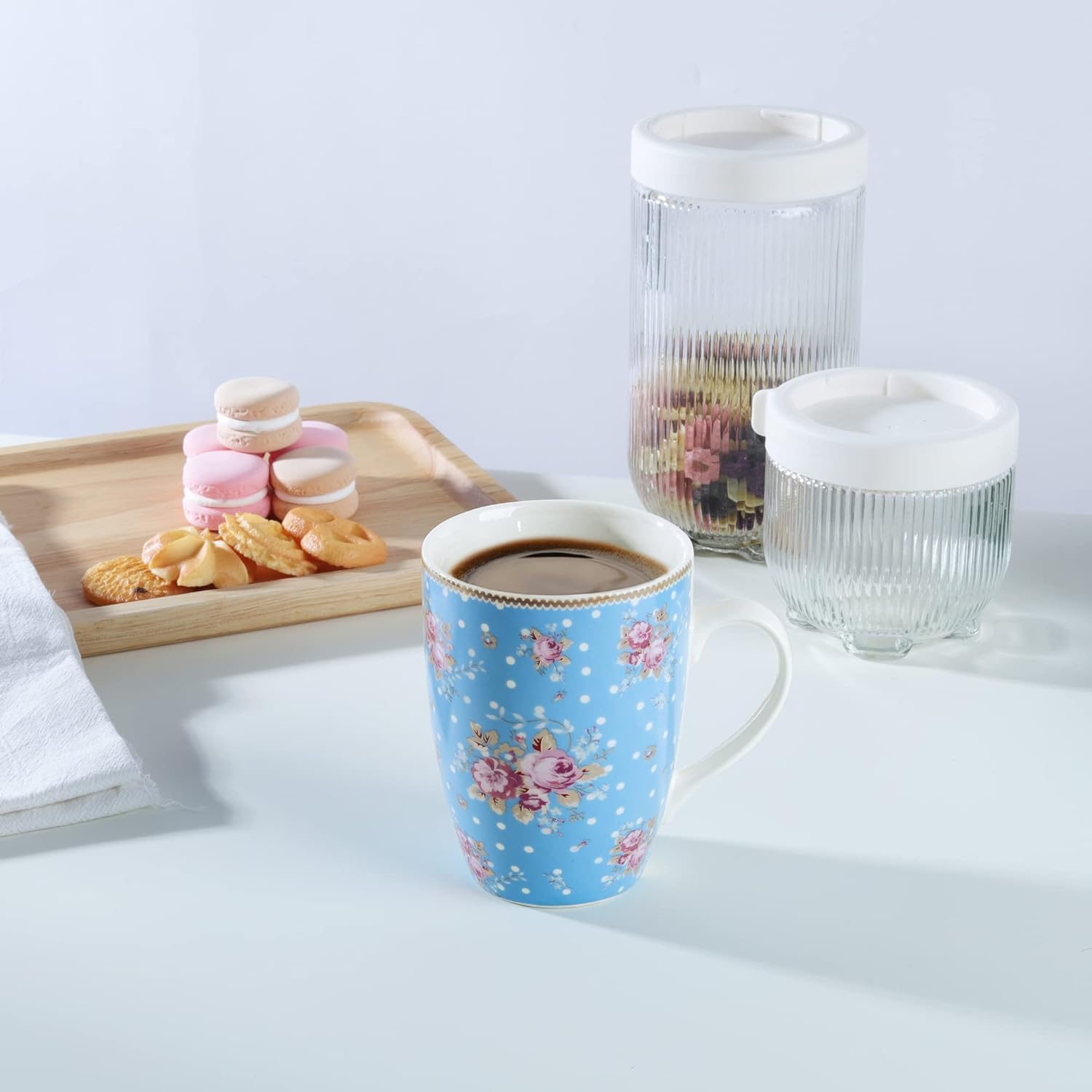 fanquare 350ml Juego de Tazas de Café de Porcelana Floral con Asa, Grande Tazas de Té Azul y Blanca, Juego de 4