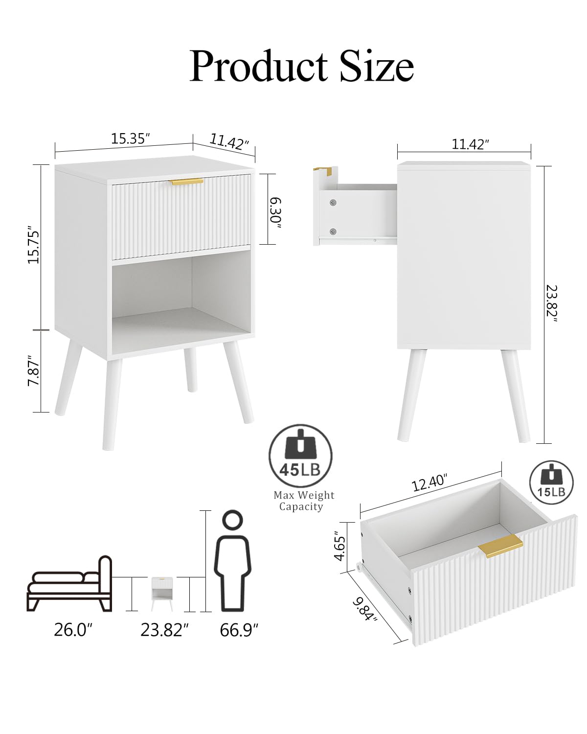 Nachttisch Holz, Beistelltisch mit Stauraum, Nachttische mit 1 Schubladen und offenes Fach, Nachtschrank für Schlafzimmer, Wohnzimmer, weiß