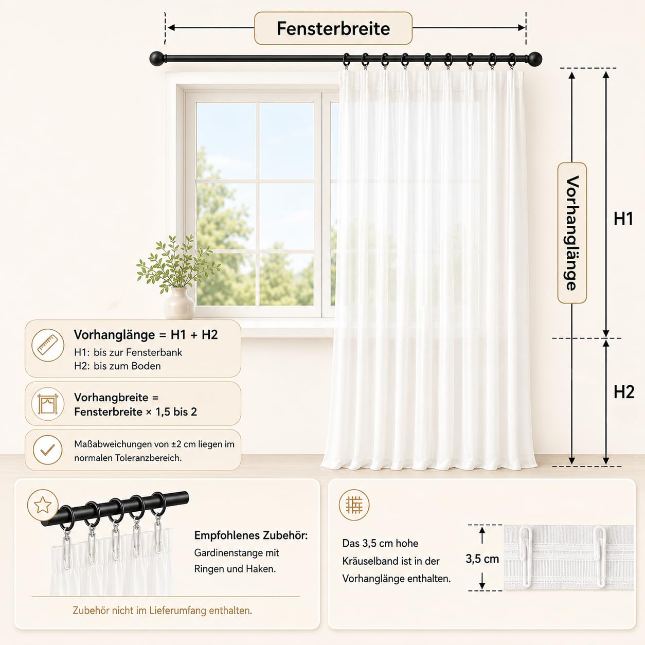 Generisch Weiße Voile-Gardine mit Kräuselband und Bleibandabschluss, Halbtransparenter Fertigstore, Lichtdurchlässiger Tüllvorhang für Wohnzimmer, Schlafzimmer und Küche (HxB 245x300 cm)