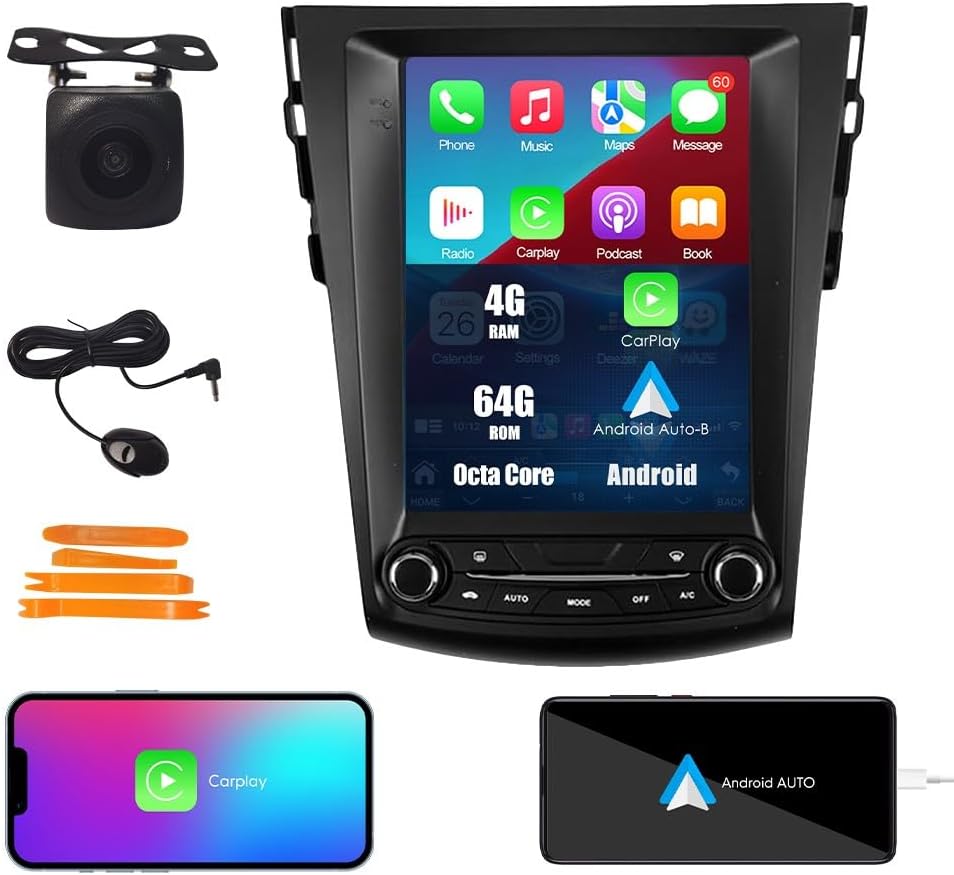 Tesla Style Car CarPlay Android Auto Navigation Stereo GPS Radio Reverse Camera 9.7" IPS Touchscreen Headunit Tablet Media Player for Toyota RAV4 2007-2012, if Applicable Octa Core 4G+64G