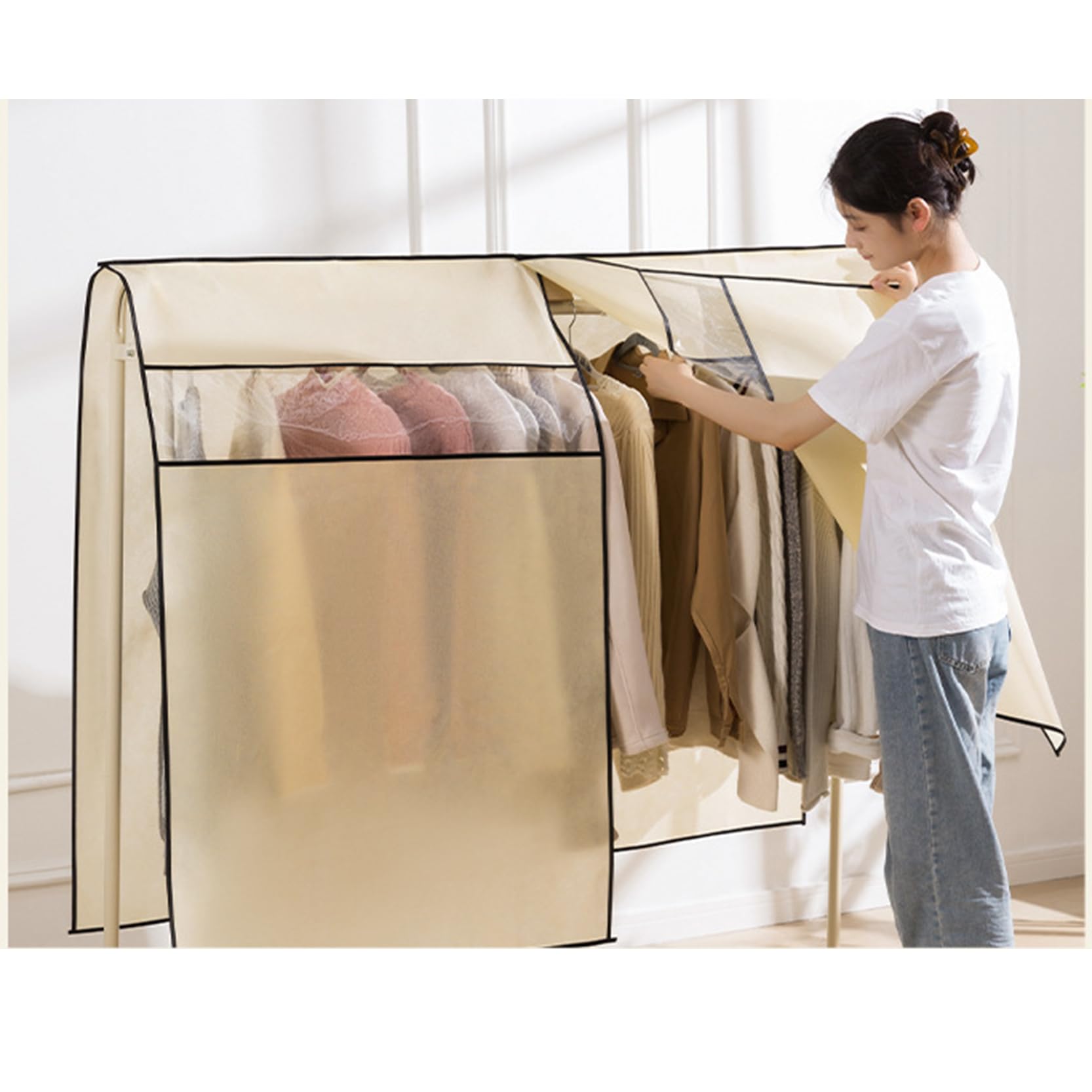 Kleiderstangenabdeckung mit Sichtfenster, 3er-Pack, Lange (B) 60/120/180 x (H) 120 cm, staubdicht und atmungsaktiv, beige, 180 x 120 cm