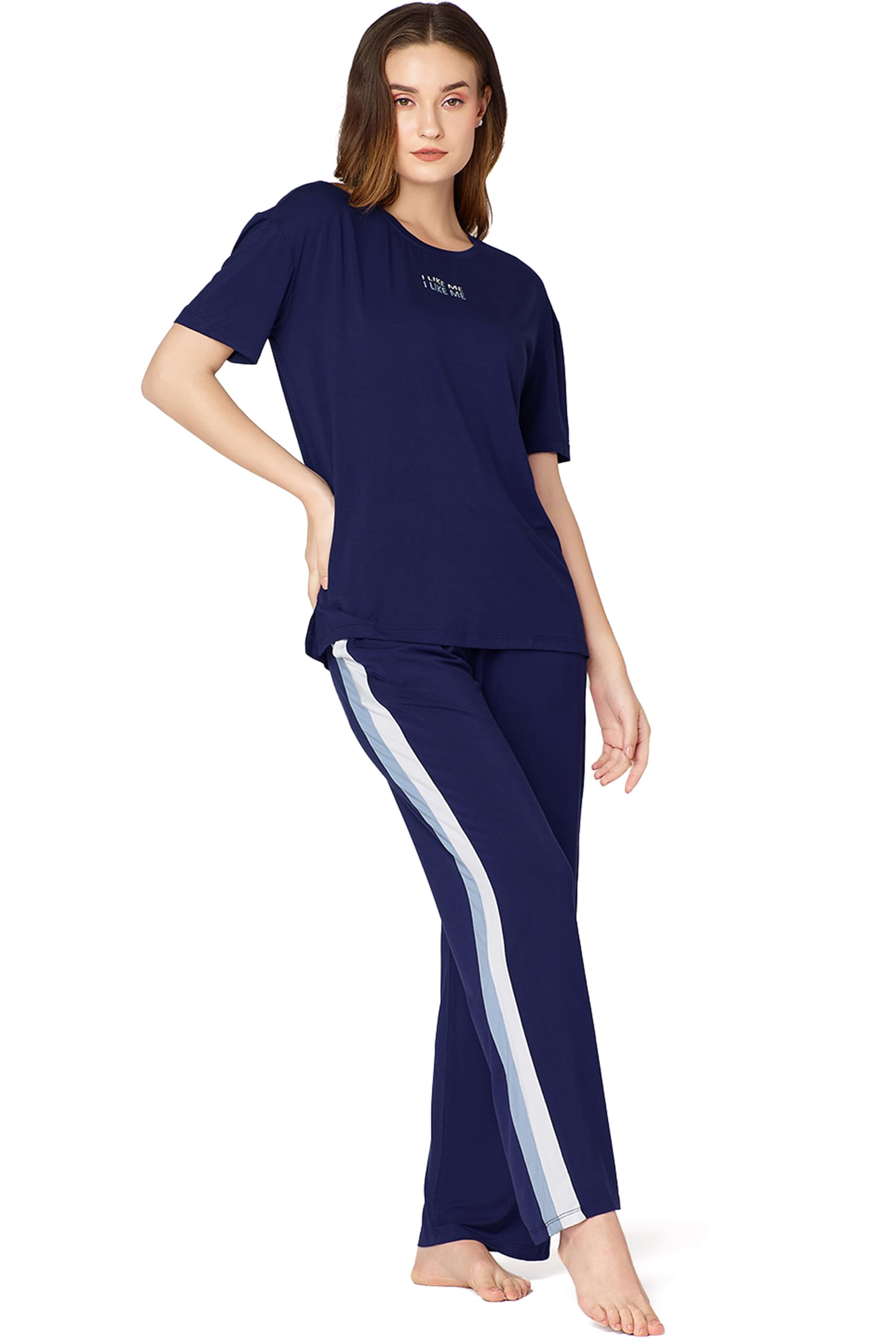 Night Suit for Womens Side Stripe Modal Night Dress of Top and Pajama Set 9374-image-18