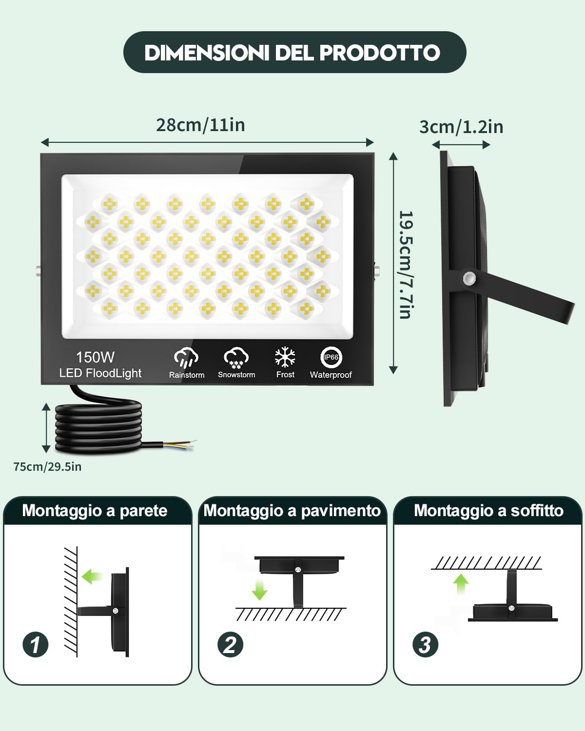 Sararoom 150W Faretto Led Esterno, 15000LM Faro Proiettori per esterni, 6500K Bianca Fredda Luci di Sicurezza, IP65 Impermeabile Lampade da parete per Giardino Garage Cortile Stadio Sentieri, 2 Pezzi