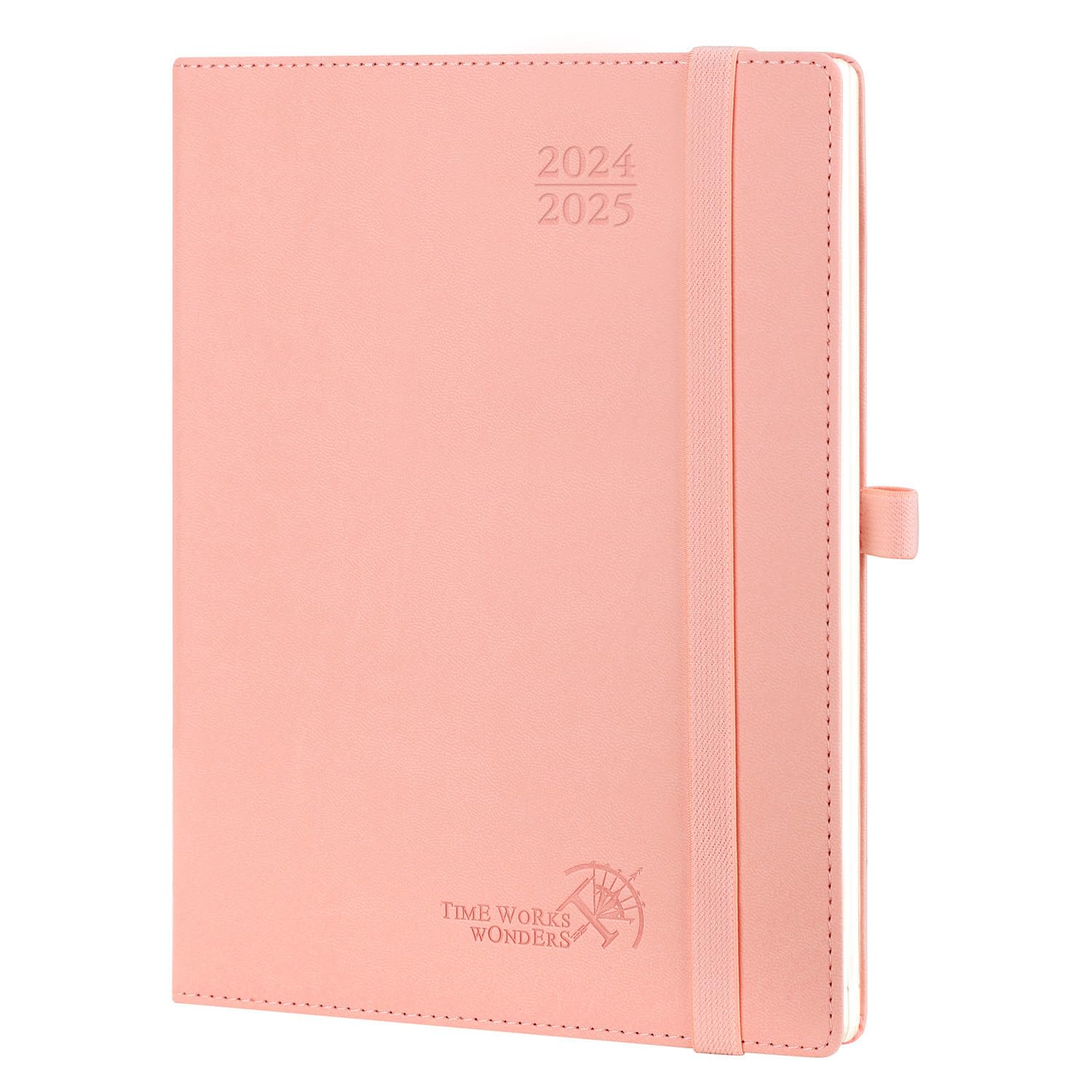 POPRUN Agenda 2024 2025 Semana Vista 22 x 16,5 cm, Agenda Semanal 17 Meses de Ago.2024 a Dic.2025, Tapa Blanda en Cuero Vegano, Porta Boligrafos Autoadhesivo, 80 GSM Papel, Rosado