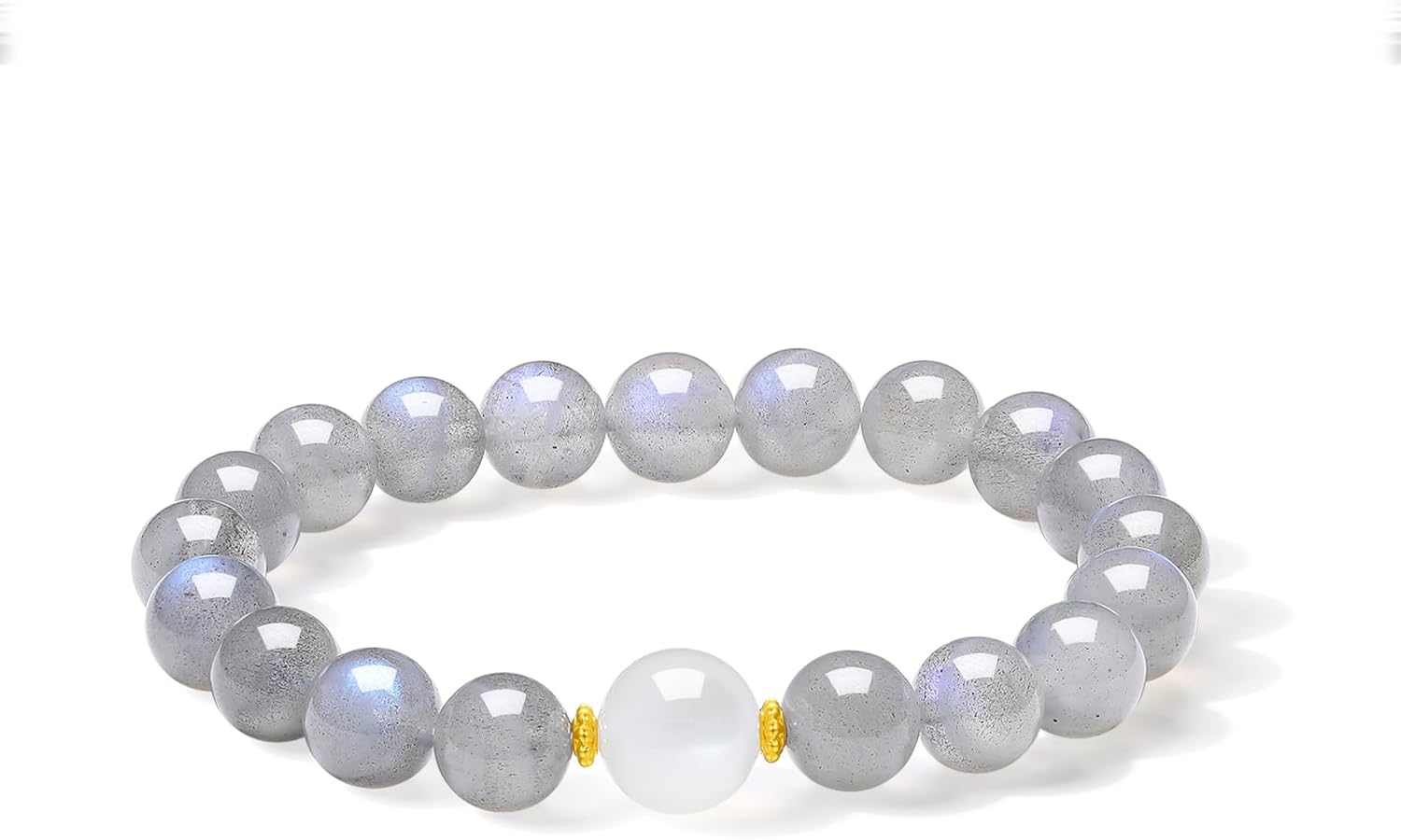 24K Solid Gold Bracelet White Gray Feldspar Beaded Stretch Bracelets Healing Jewelry for Women Mom Daughter Birthday Anniversary 6.7"/17CM