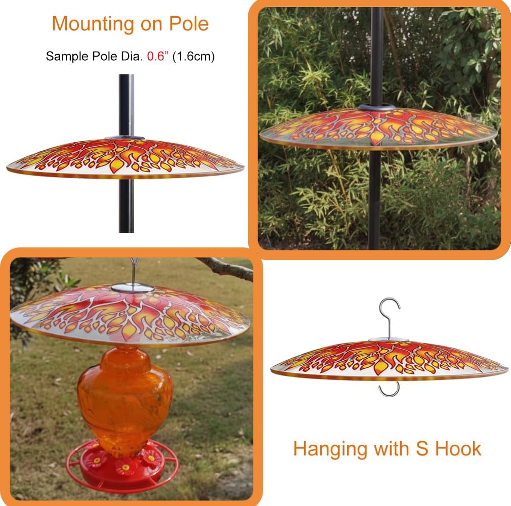 13" Glass Rain Cover for Bird Feeder Outdoors - Baffle on Shepherd Pole/Post or S Hook Hanging - Large Weather Guard Protective Dome - Dia. 33CM - Fire