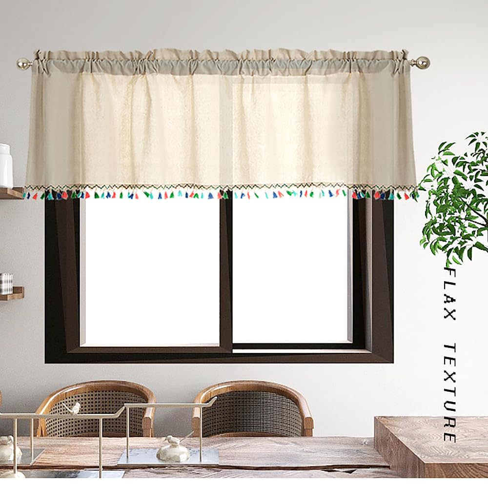 Molaxhome Linen Valances for Windows,Boho Tassel Kitchen Valances for Windows,Country Rustic Window Treatments Tier Curtain for Bathroom Bedroom Decors Farmhouse (Beige-1, 52W x 18L)