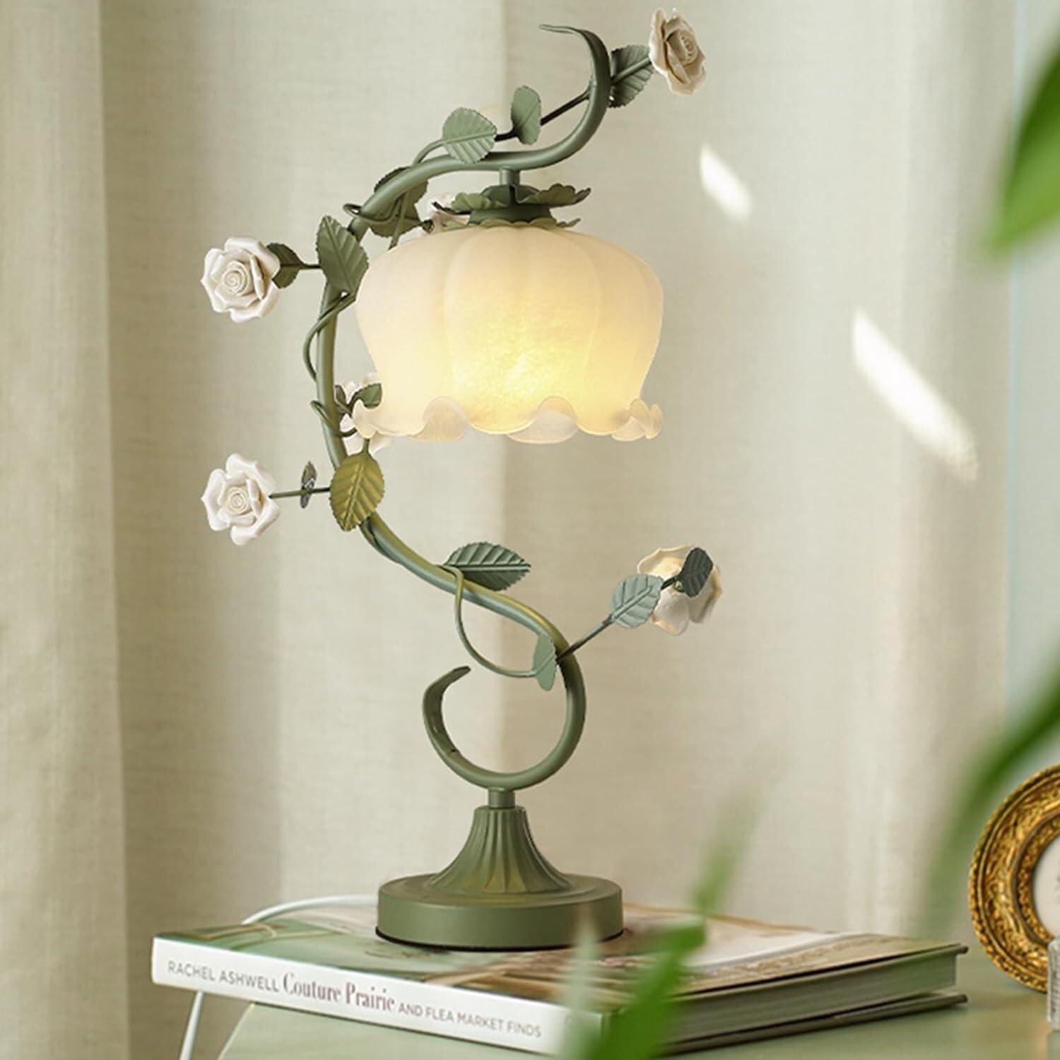 Table Lamps For Living Room, Flower Table Lamp Green Small Table Lamp Floral Bionic with Glass Lamp Shades Lily of The Valley Lamp for Living Room Bedroom