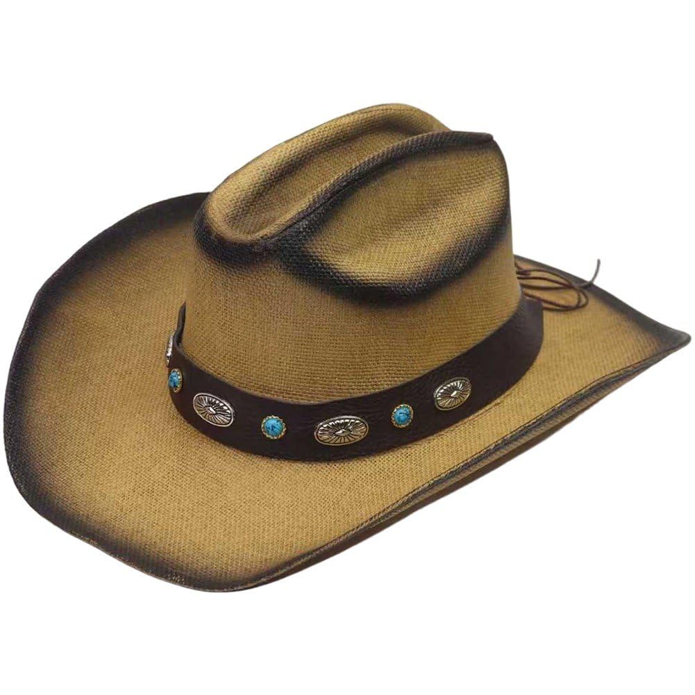 Sofezdo Vintage Cowboy Hat Distressed Fedora Hat with Wide Brim Outdoor Wide Brim Western Style Hat for Camping Travel Accessories