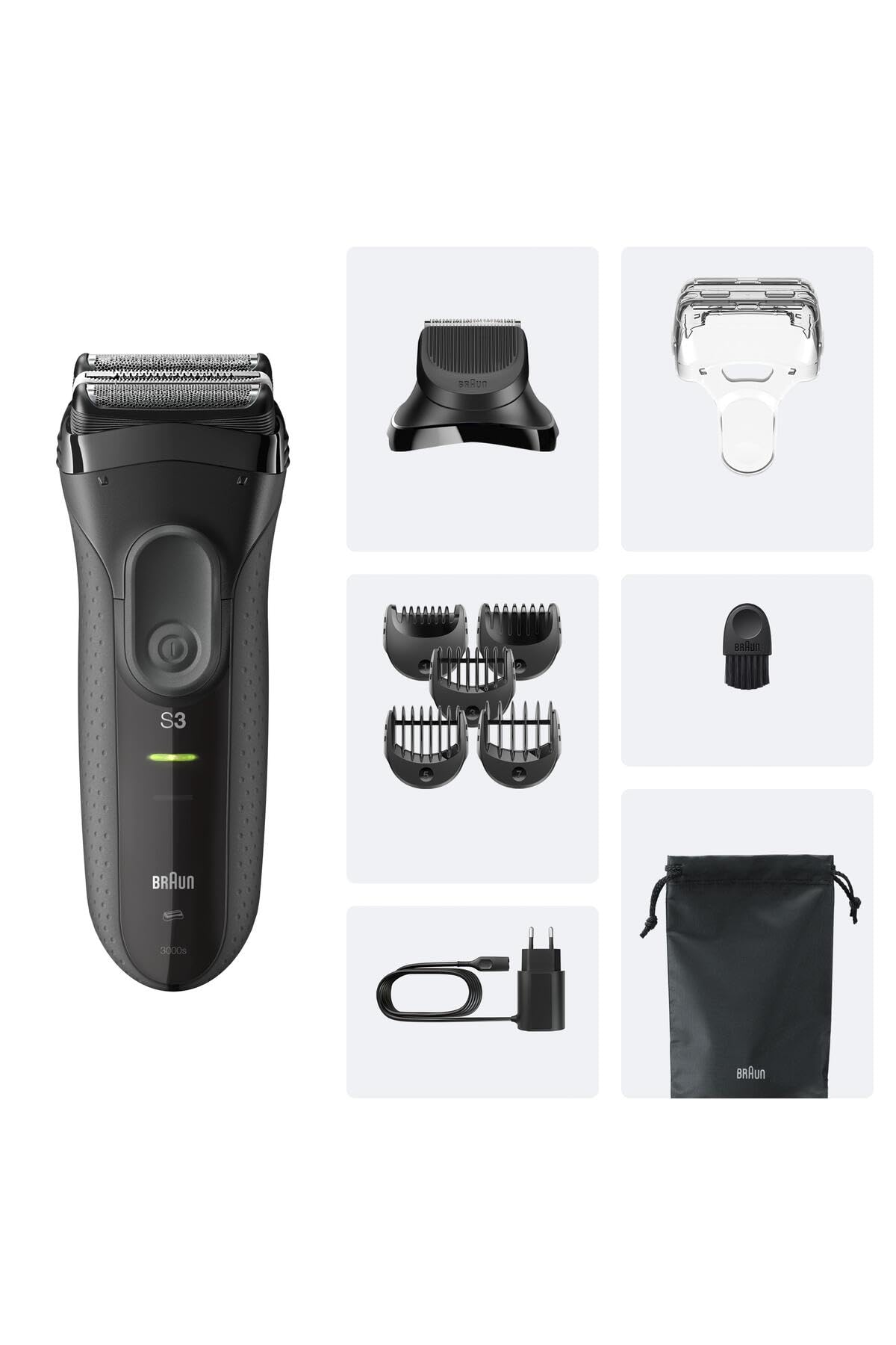 Braun Serie 3 Elektrorasierer, 3 flexible Klingen, MicroComb Hochleistungs-Barttrimmer-Zubehör, Trockenrasierer für Männer, hergestellt aus