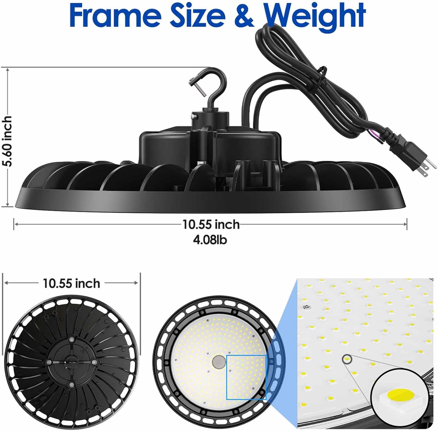 LED High Bay Light 150W PREM 4-Pack, 10' UFO Commercial Lighting Fixture w/Plug for Garage Shop Warehouse Workshop, 150W 5000k 21000lm Dimmable IP65 UL ETL Listed (Count of 4)