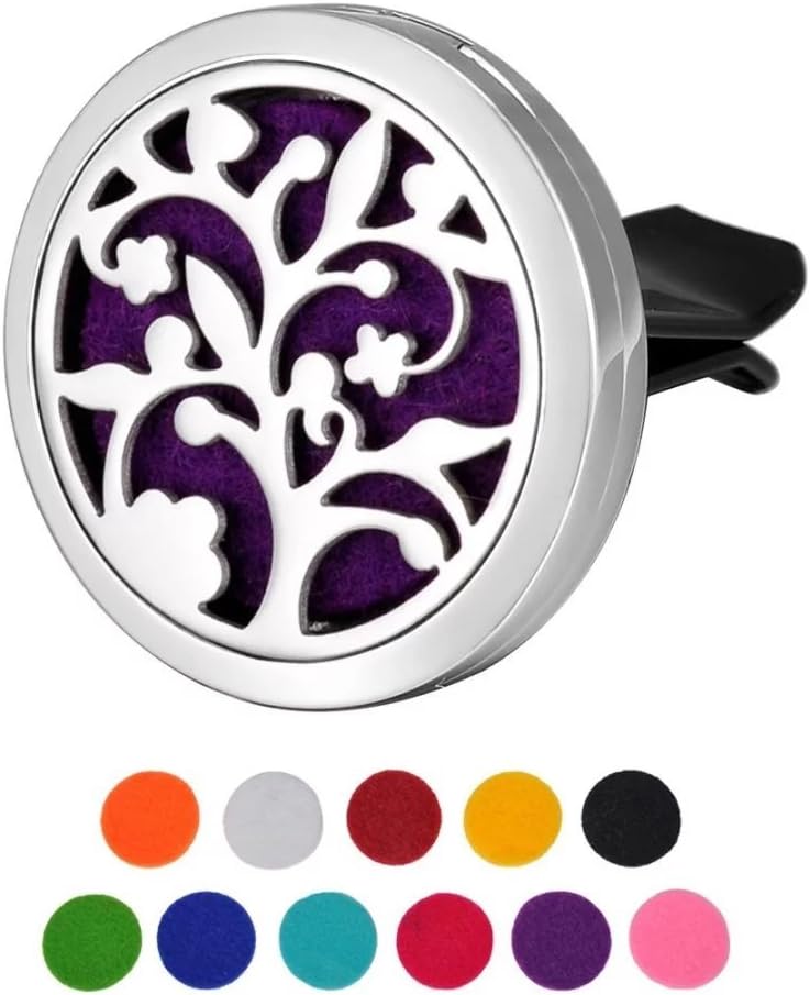 Car Aromatherapy Essential Oil Diffuser Air Freshener Vent Clip, Tree of Life Stainless Steel 30mm Locket, 11 Refill Pads