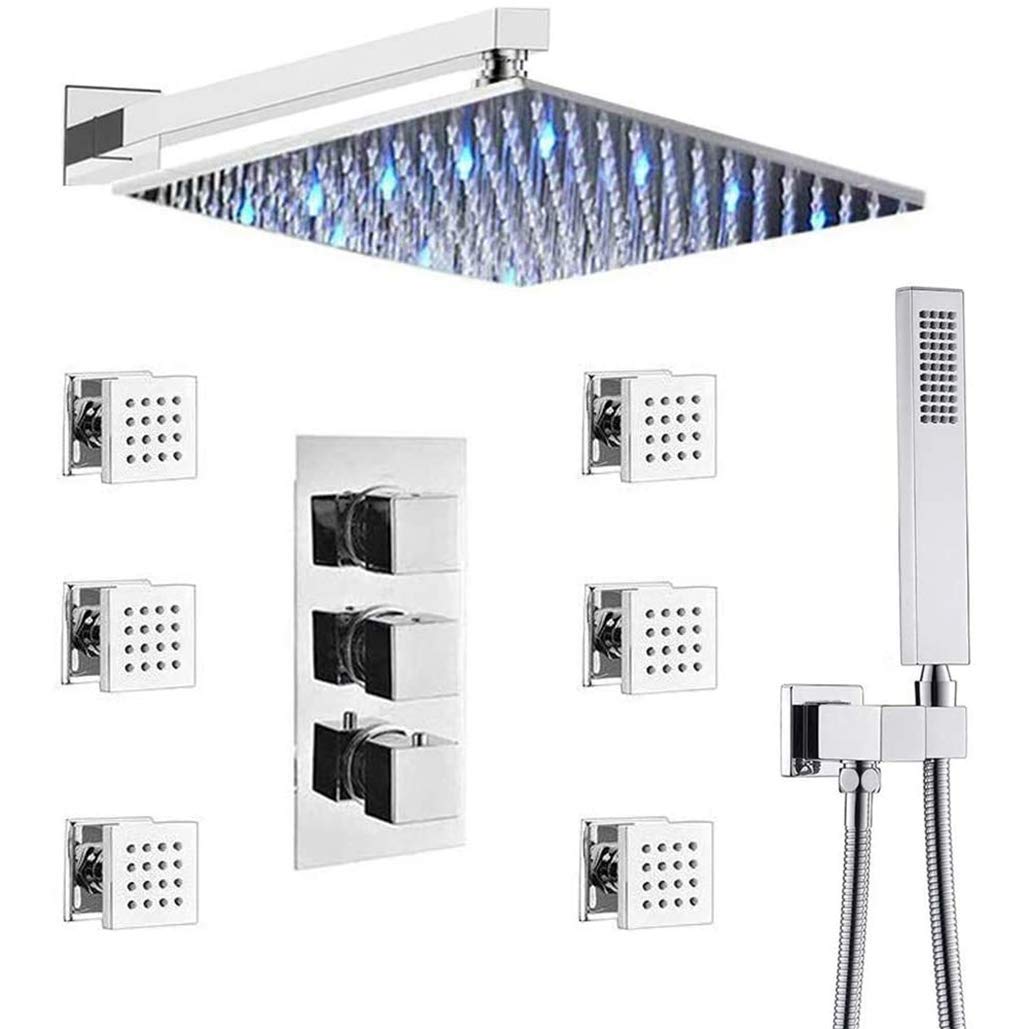 Mosiężny, 10-12-calowy, ścienny, chromowany system natryskowy z deszczownicą LED, z zaworem termostatycznym i 6 dyszami masującymi i zestawem prysznicowym ręcznym, 1,12 Inch