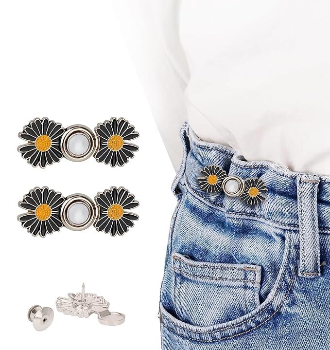 Image of YEKDA Denim Button Kit - 2 PCS Assorted Jeans Buttons for Quick Fix & DIY Adjustment - No-Sew Snap-On Metal Buttons for Pants, Skirts, Shorts - Easy Waist Size Control(2PC Black Flower)