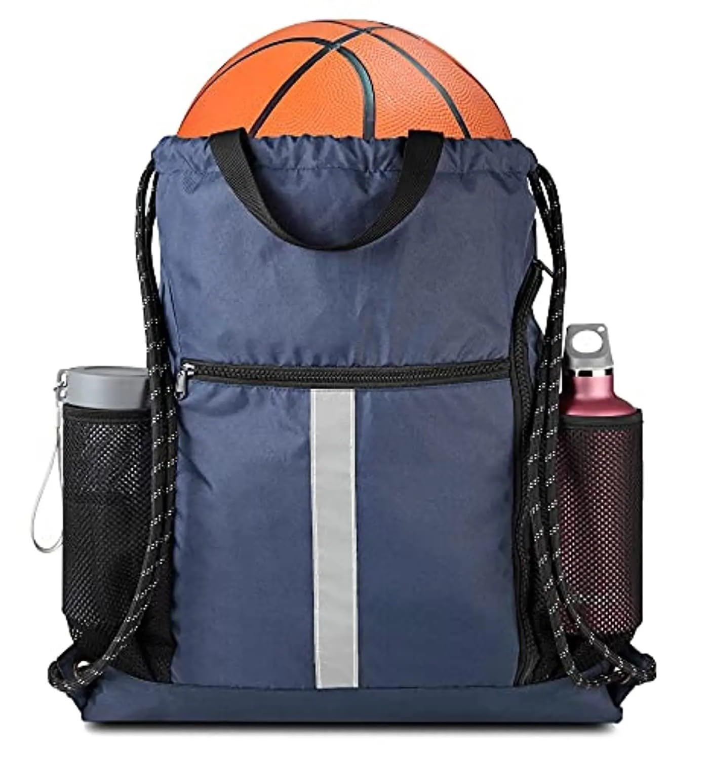 ALASKA® Drawstring Backpack, Basket Ball, Sports/Gym Bag. Large Size (16 Inch x 20 Inch) with Shoe Pouch and 2 Additional Zip Pockets (Blue)-image-26