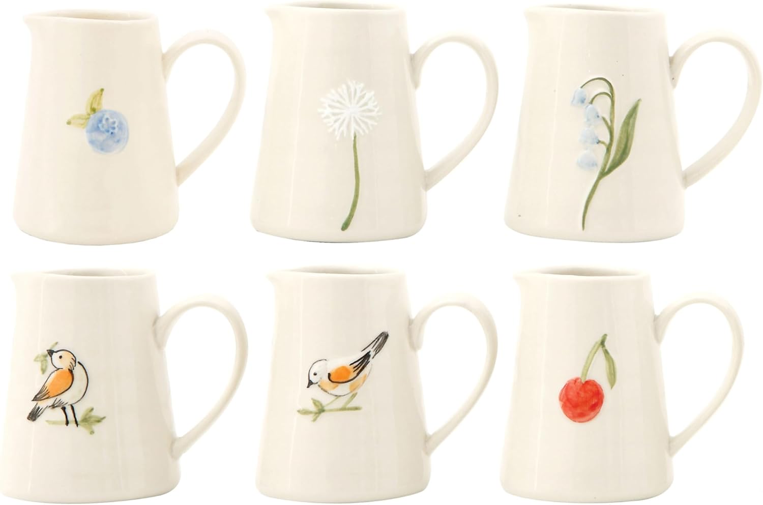 Creative Co-Op White Stoneware Creamer with Hand-Painted & Embossed Birds (Set of 6 Designs)