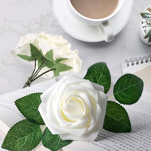 Miniatura 3 de Flores artificiales, 25 unidades, rosas falsas de aspecto real con tallos para ramos de boda, centros de mesa de baby shower, arreglos florales,