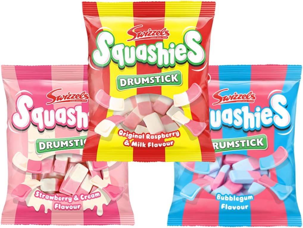 Squashie DrumStick Candies Variety Multipack - 3 Pack BUNDLE - (120g each) - IMPORTED FROM THE UK (Original, Bubblegum and Strawberry and Cream)
