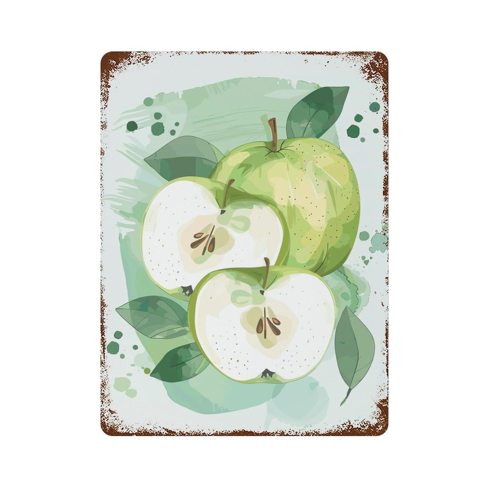 Retro Metal Sign Green Apple Watercolor Illustration 15.7"x11.8", Retro Wall Decor for Living Room, Hallway And Home Decor