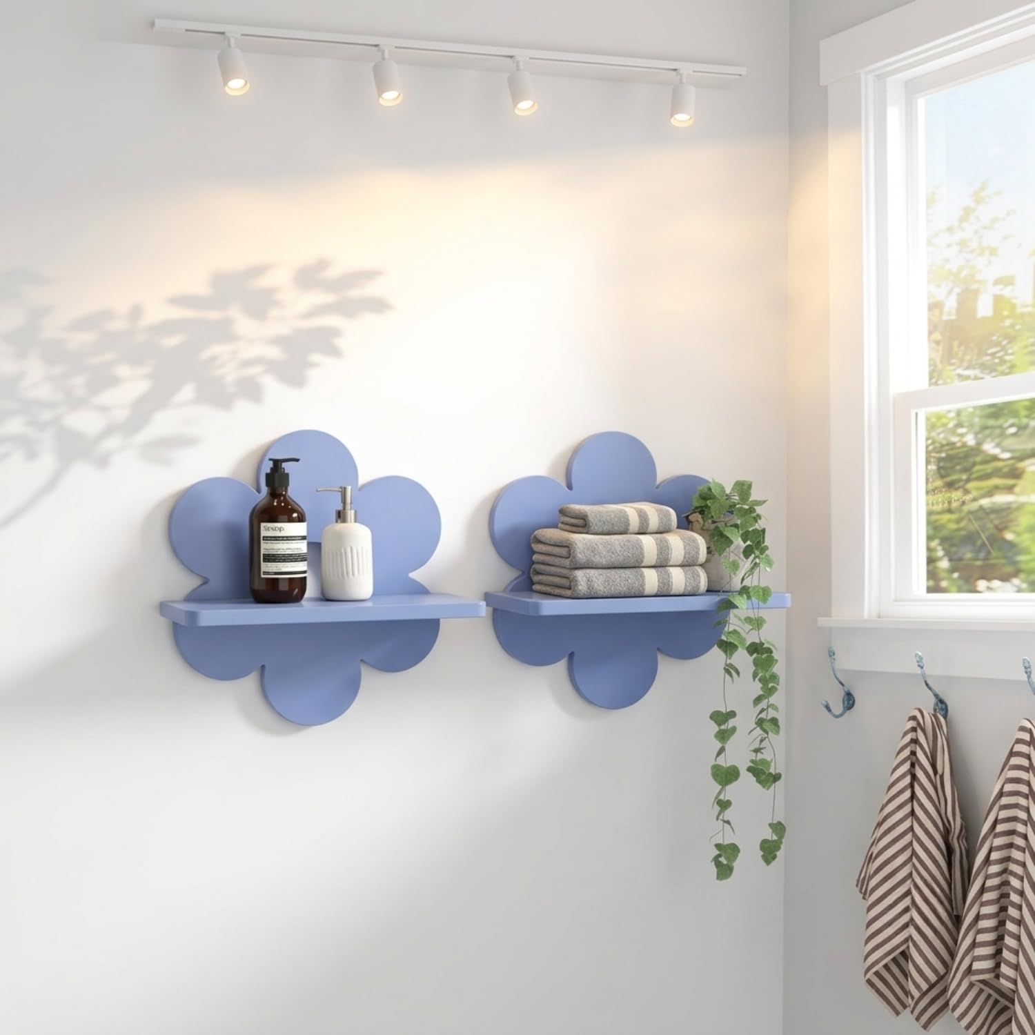 Flower Floating Shelf | Decorative Wooden Wall Mounted Display Shelves | Scalloped Wall Shelves | Flower Shape Shelves | Rack | Wall Organizer | (Blue, Set of 2) | (H-29 X L-30 X W-16.5cm)-image-36