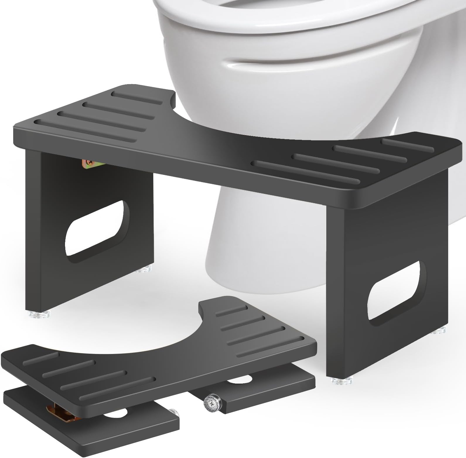 Foldable Toilet Stool, Bamboo Toilet Stool Squat for Adults, 7 Inches Poop Stool for Bathroom, Collapsible Potty Step Stool with Non-Slip Strip, Space-Saving, No Assembly, Black