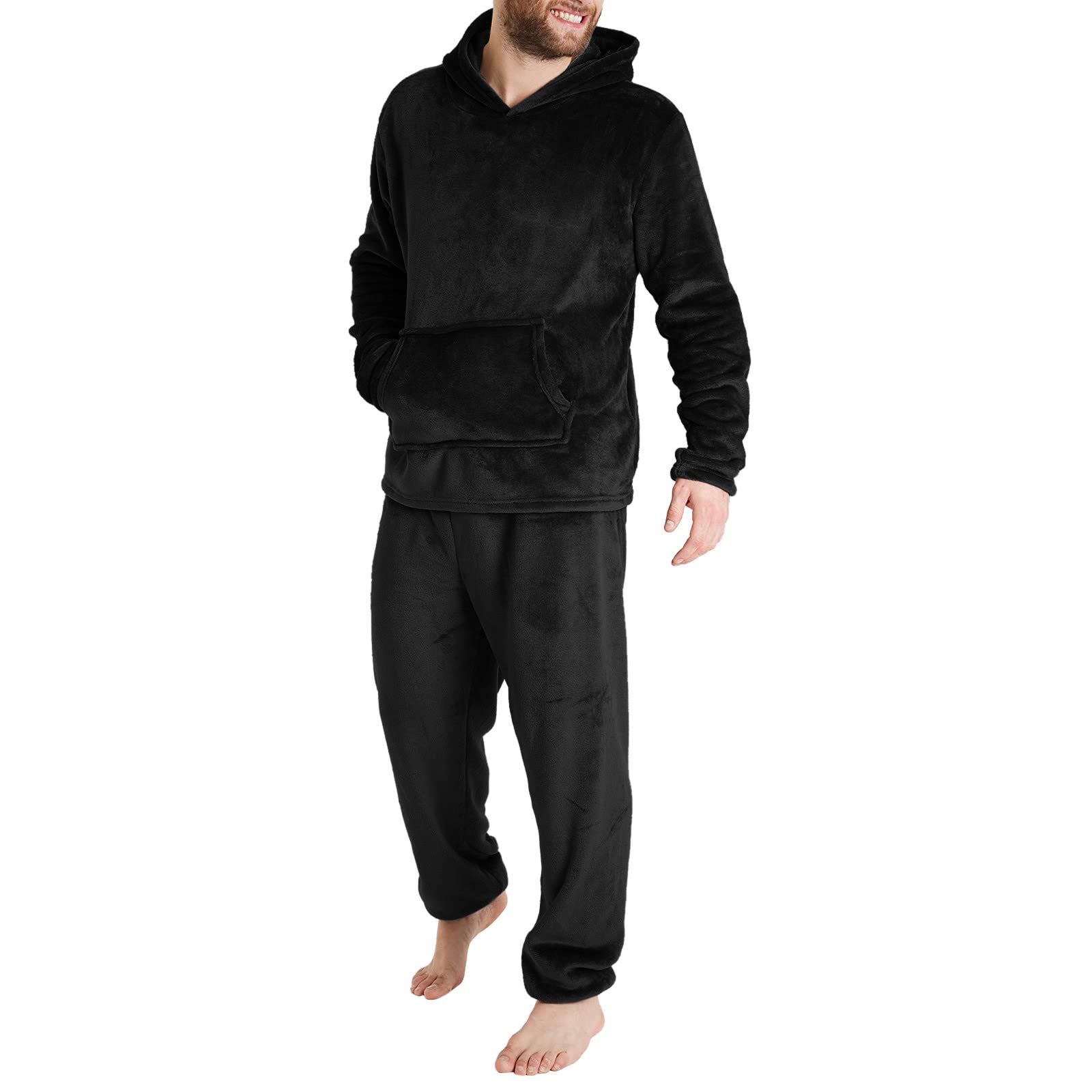 Pigiama da uomo in flanella, in pile spesso, con cappuccio e pantaloni da pigiama, in due pezzi, tinta unita, morbido, con tasca, delicato sulla pelle, con cappuccio