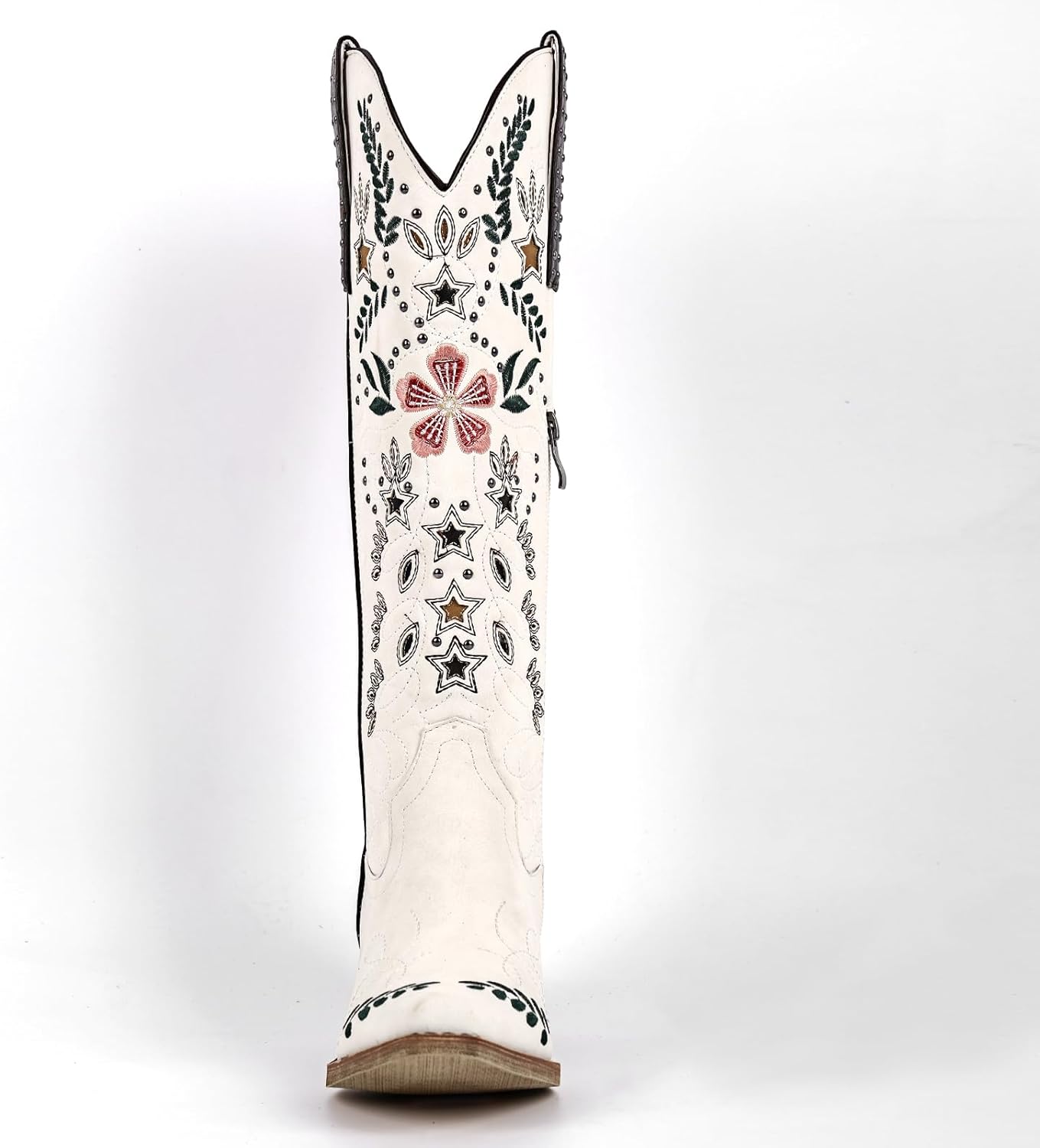 sexytag Women’s Floral Embroidered Western Boots Knee High Studded Cowgirl Boots Side Zipper Contrast Cowboy Style Shoes