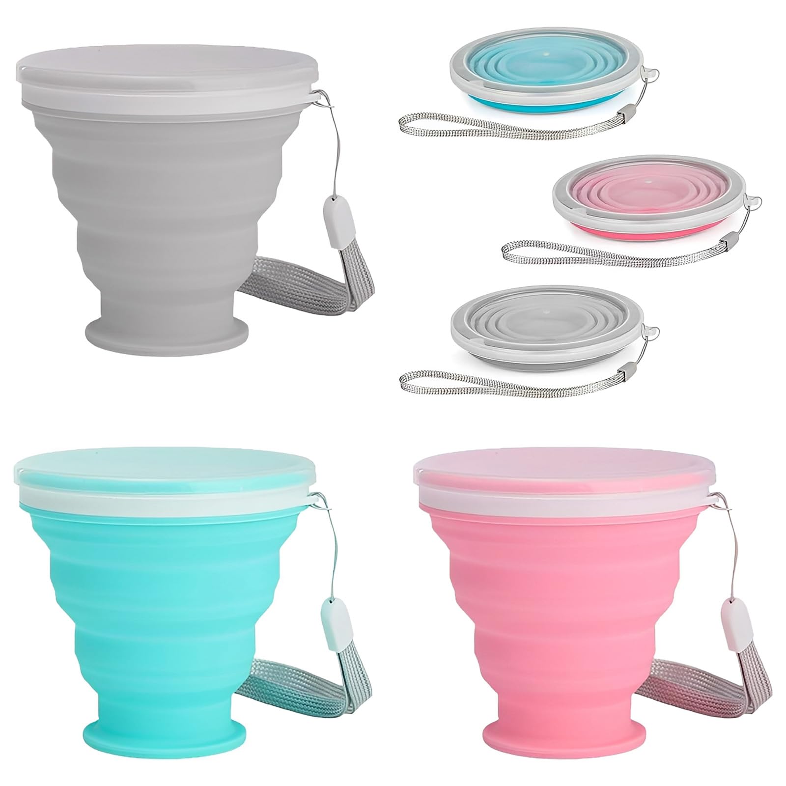 3 Pezzi Tazza Pieghevole 200ml, Tazza da Viaggio in Silicone Alimentare con Coperchio in Plastica, Portatile & Riutilizzabile, Ideale per Esterno, Viaggio, Escursione, Pic-Nic & Ufficio