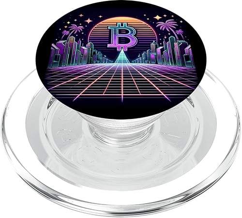 Retro Crypto City - Synthwave Bitcoin Sunrise Art PopSockets MagSafe PopGrip for iPhone