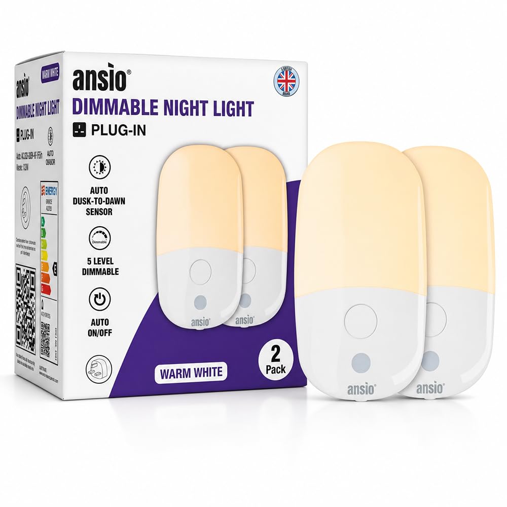 ANSIO Plug in Night Light, 2 Pack Stepless Dimmable Night Lights with Dusk to Dawn Sensor, Warm White 2700K, 5 Brightness Levels, for Kids, Hallway, Bedroom, Nursery and Stairs