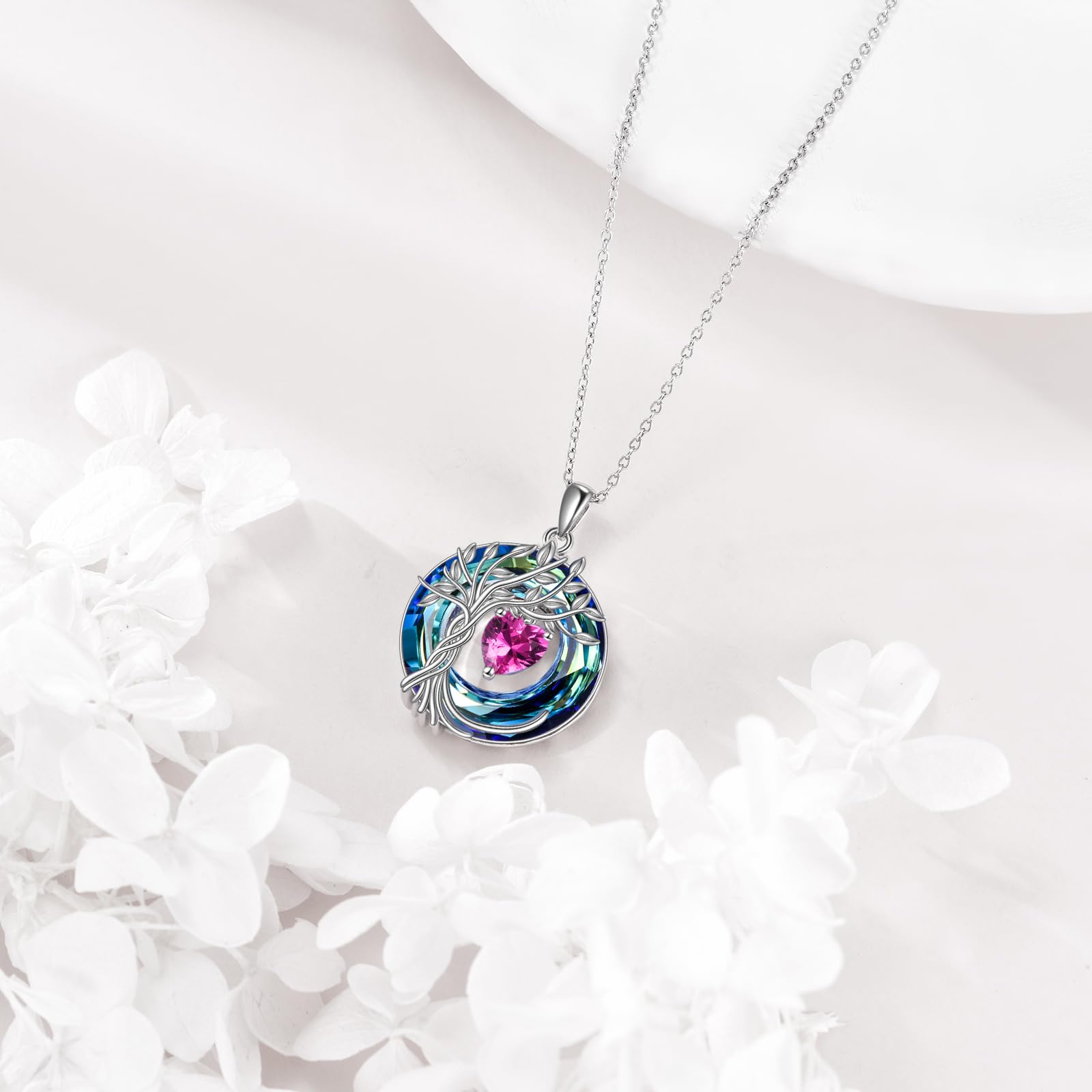 POPLYKE Lebensbaum Geburtsstein kette für Damen 925 Sterling Silber Baum des Lebens Schmuck mit Kristall Weihnachtsgeschenke für Mutter Ehefrau