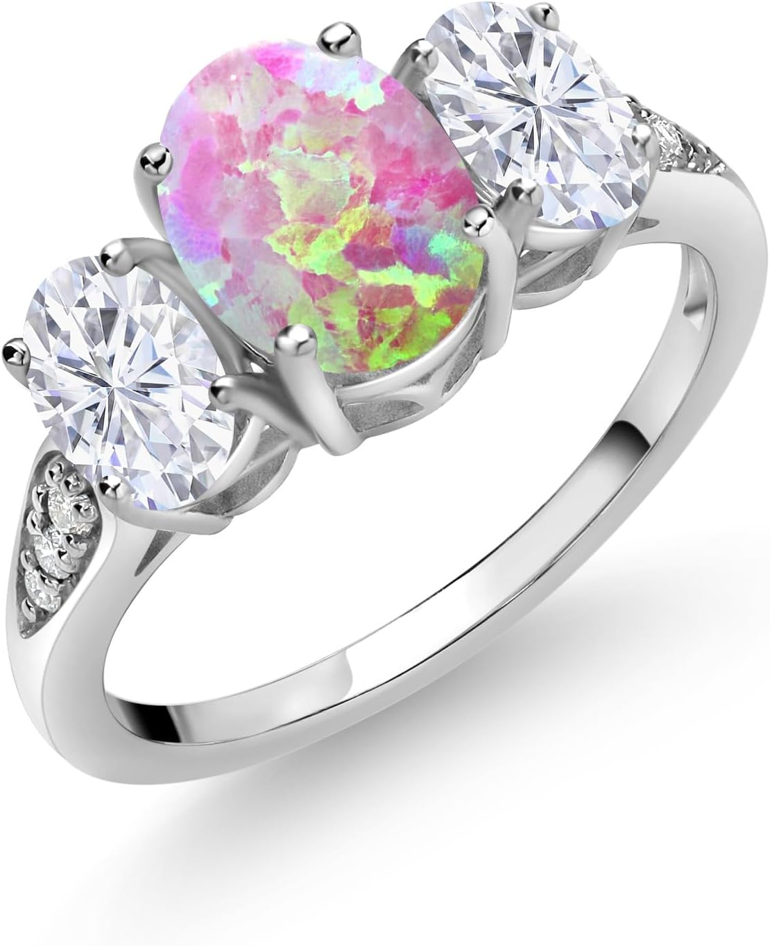 Gem Stone King 10K White Gold Pink Simulated Opal White Moissanite and White Lab Grown Diamond 3 Stone Engagement Ring For Women (2.09 Cttw, Gemstone Birthstone)