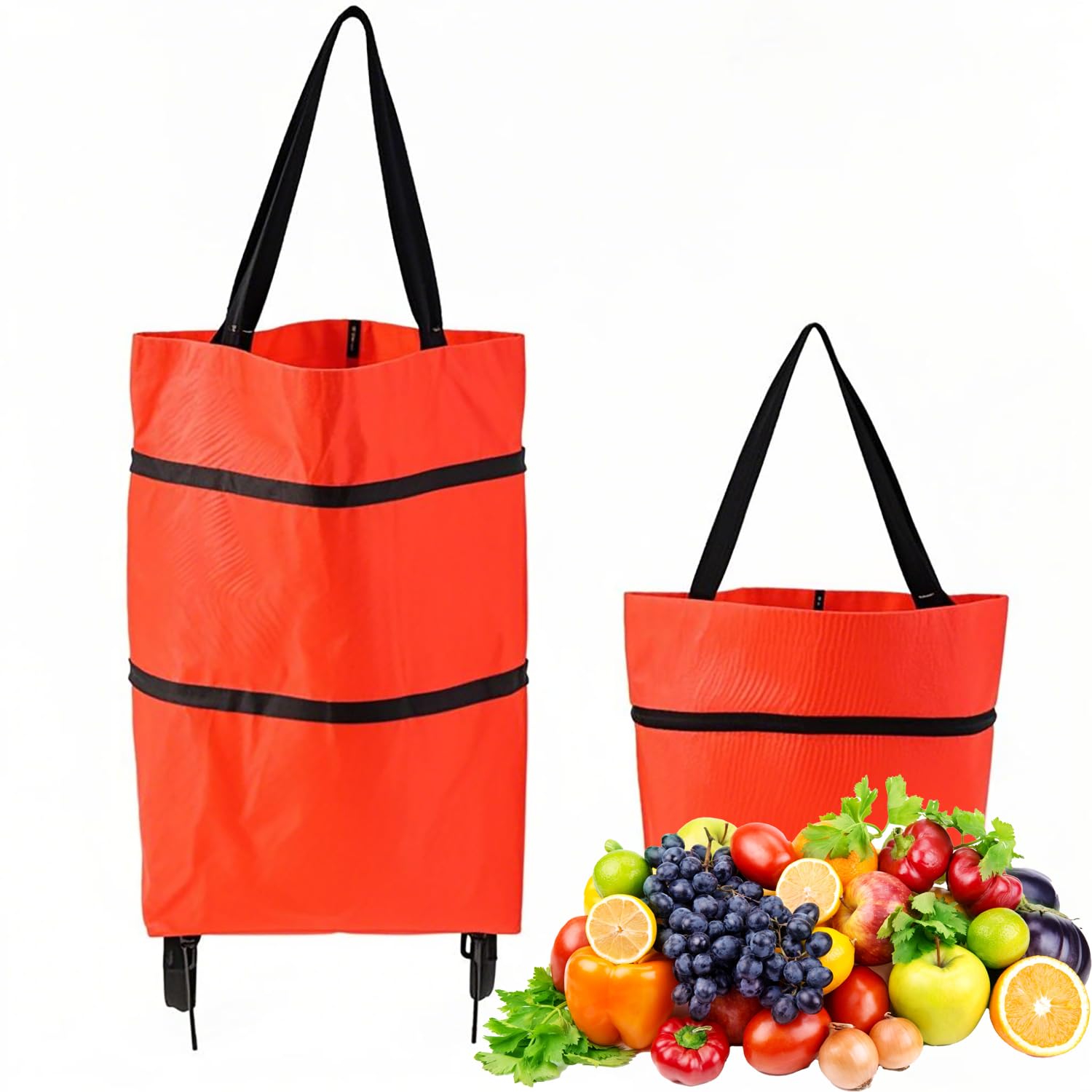 Foldable Shopping Trolley on Wheels, 25kg Heavy-Duty Waterproof Oxford Fabric Collapsible Bag with Silent Wheels, Convertible Hand Carry (Red)