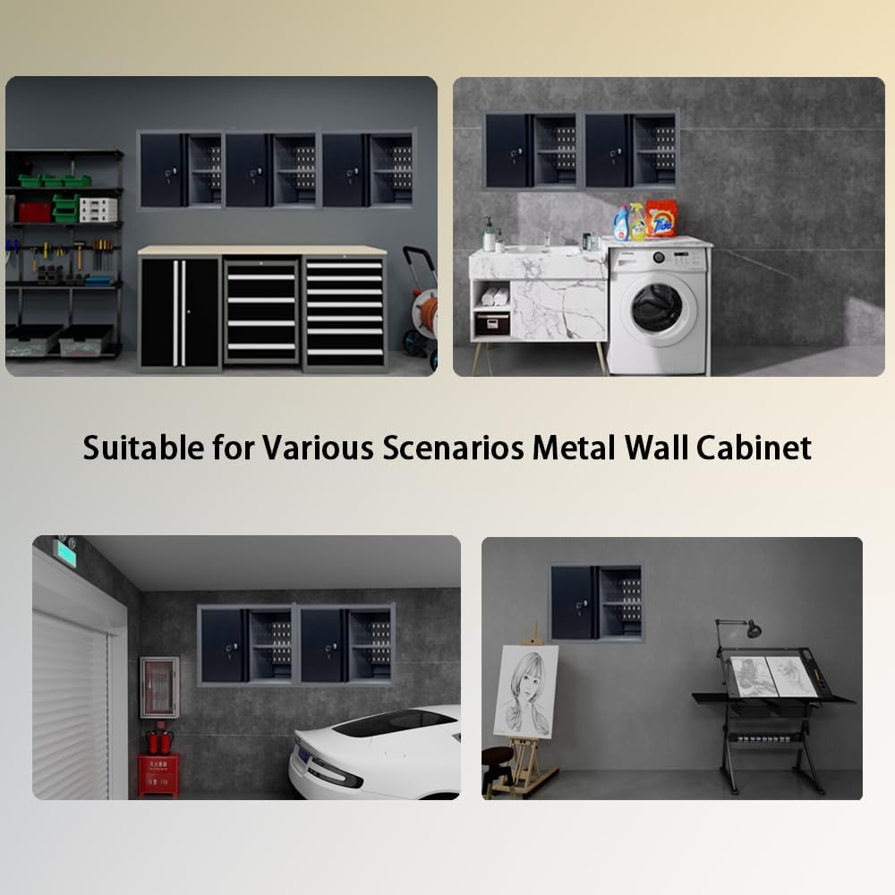 Metal Wall Cabinet with Door & 2 Removable Shelves Lockable Wall Mounted Cabinet for Garage Workshop
